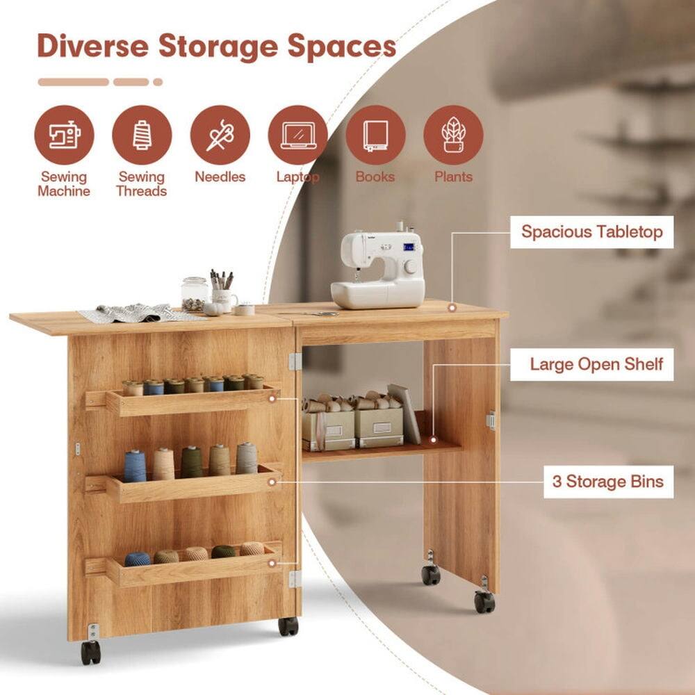 Diverse Storage Spaces  
- Sewing Machine  
- Sewing Threads  
- Needles  
- Laptop  
- Books  
- Plants  

Spacious Tabletop  
Large Open Shelf  
3 Storage Bins