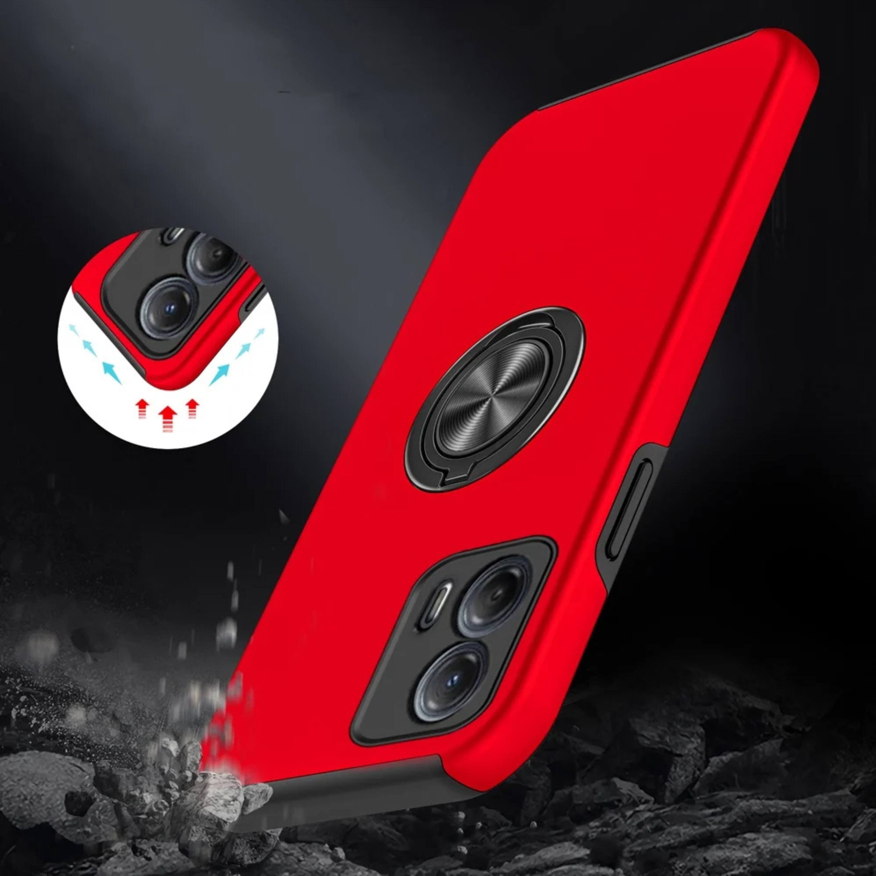 Left. Kitcheniva - Rubber Dual Layer Case For Moto G Power 5G 2024 With Magnetic Ring Stand And Tempered Glass Red - Red.