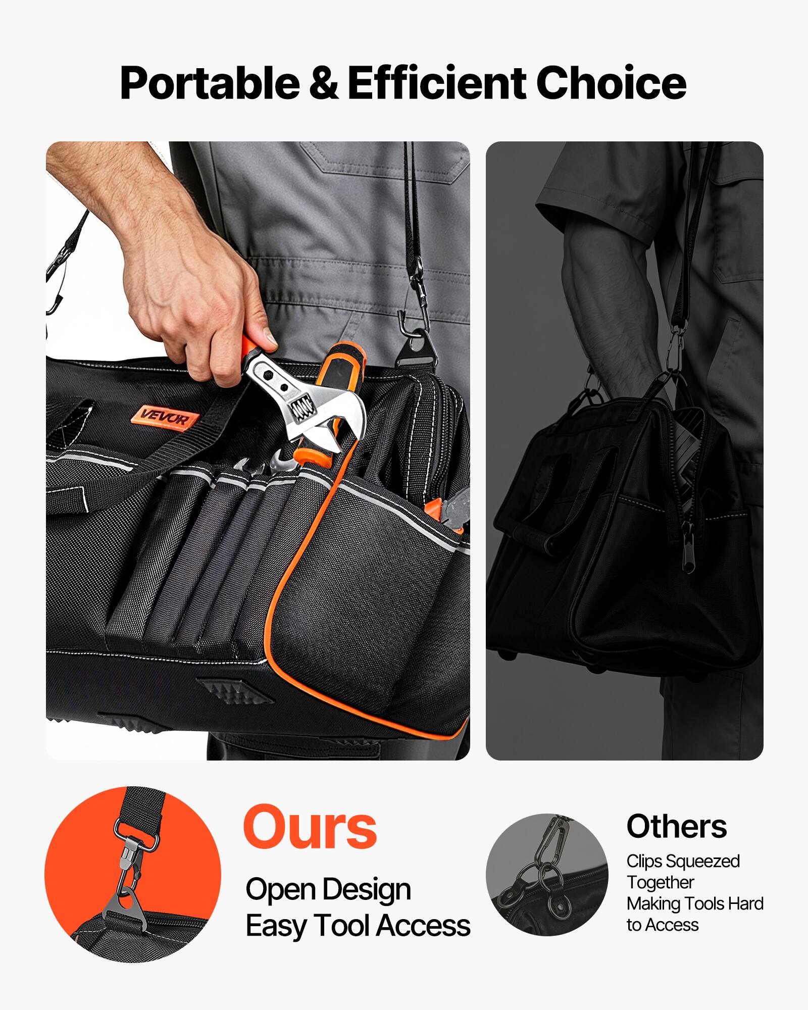 Portable & Efficient Choice

VEVOR

Ours
Open Design
Easy Tool Access

Others
Clips Squeezed Together
Making Tools Hard to Access