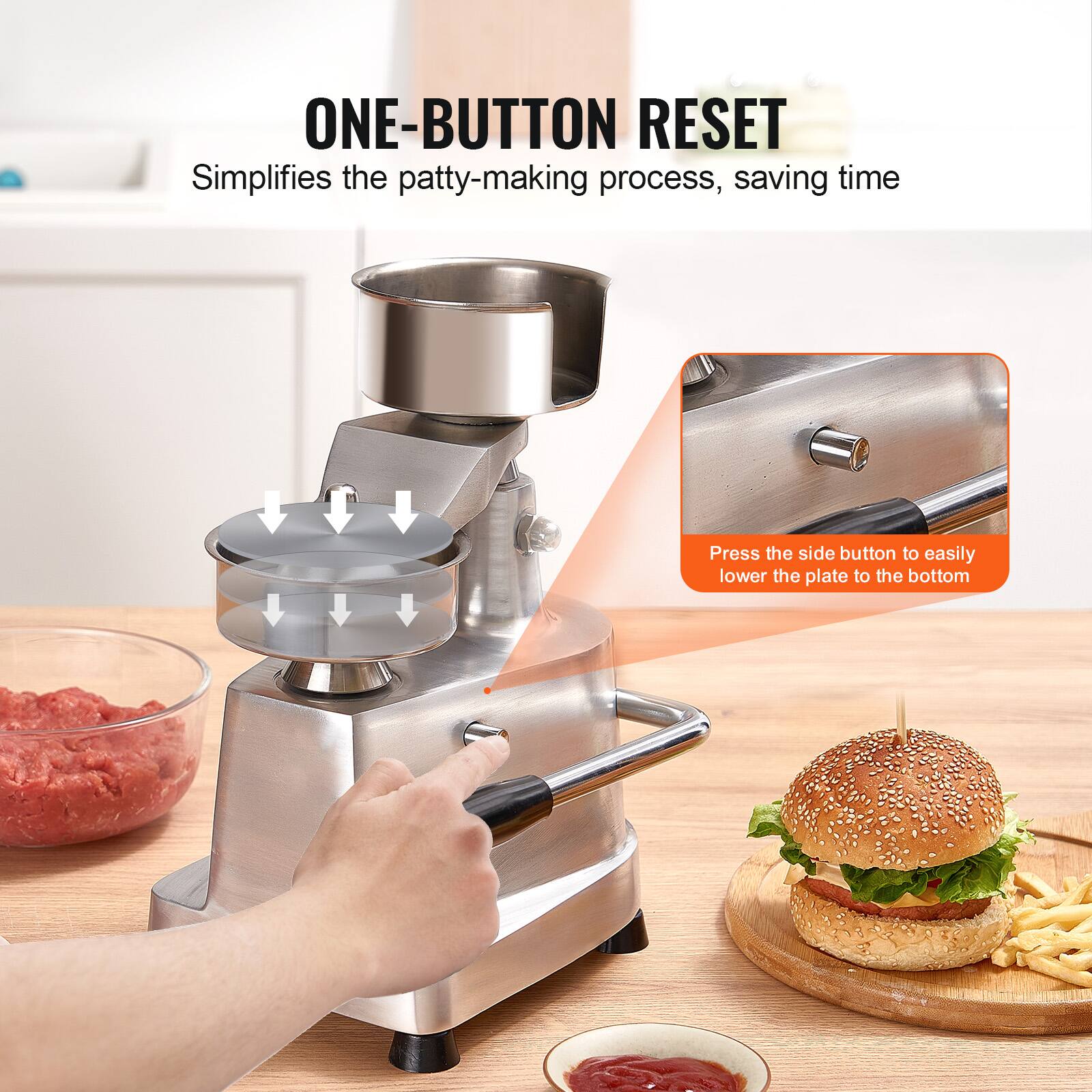 ONE-BUTTON RESET  
Simplifies the patty-making process, saving time  

Press the side button to easily lower the plate to the bottom