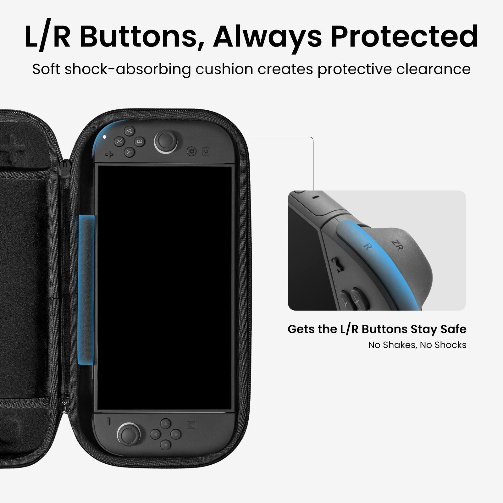 L/R Buttons, Always Protected: Soft shock-absorbing cushion creates protective clearance. No shakes, no shocks.