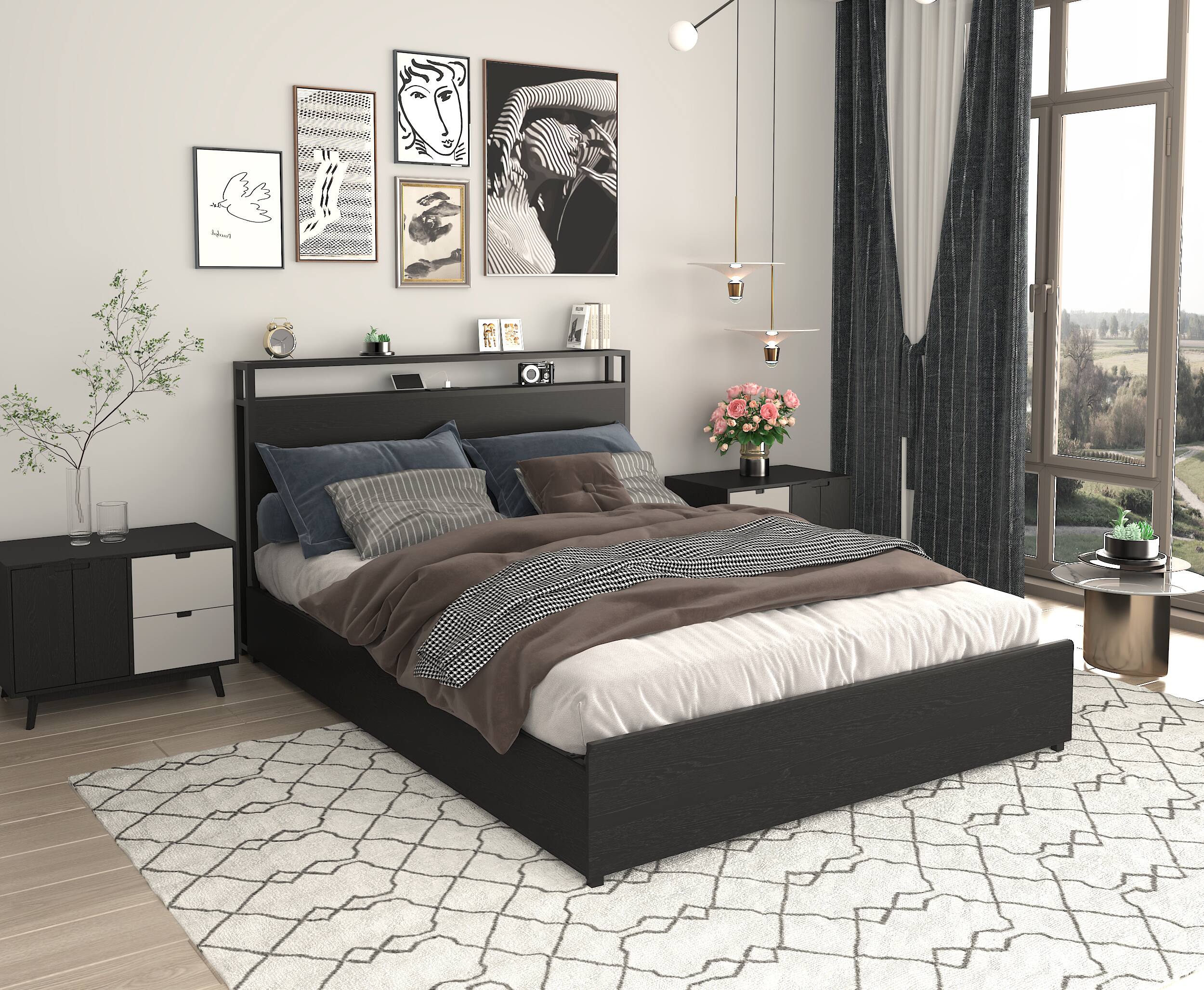 Angle. LUCKY ONE - Full Size Bed Frame with 4 Storage Drawers, Storage Headboard with Charging Station - Black.