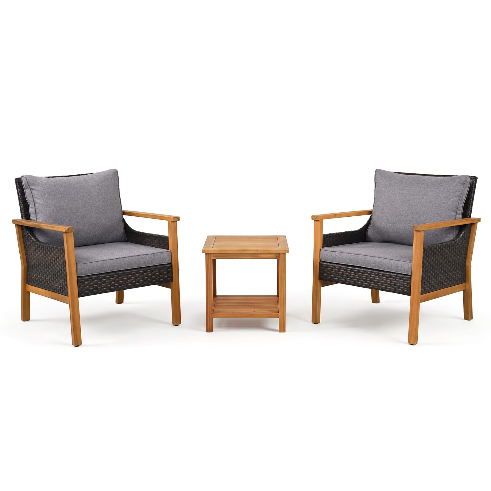 Costway - 3 Piece Patio Furniture Set, PE Rattan Chairs with 2-Tier Coffee Table & Cushions - Mix Brown+Gray price history on PriceWatchPro