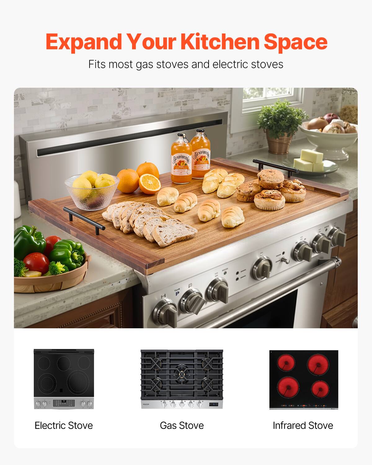 Expand Your Kitchen Space  
Fits most gas stoves and electric stoves  

Electric Stove  
Gas Stove  
Infrared Stove