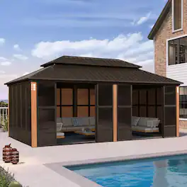 PURPLE LEAF - Sunroom Outdoor Hardtop Gazebo Bronze Aluminum Frame Solarium Galvanized Steel Double Roof All-Weather Screen House - 12' X 20'