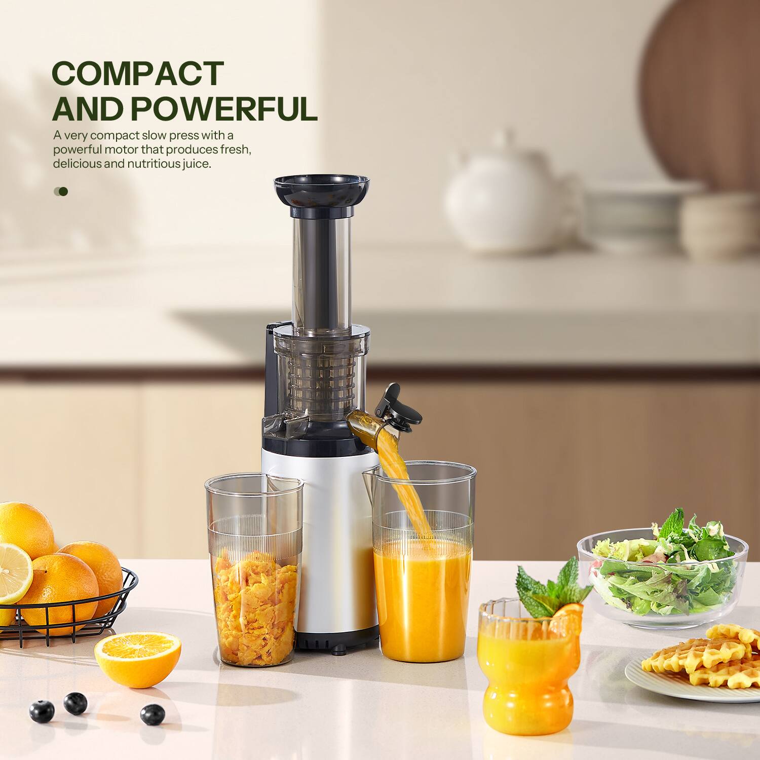 COMPACT AND POWERFUL

A very compact slow press with a powerful motor that produces fresh, delicious and nutritious juice.