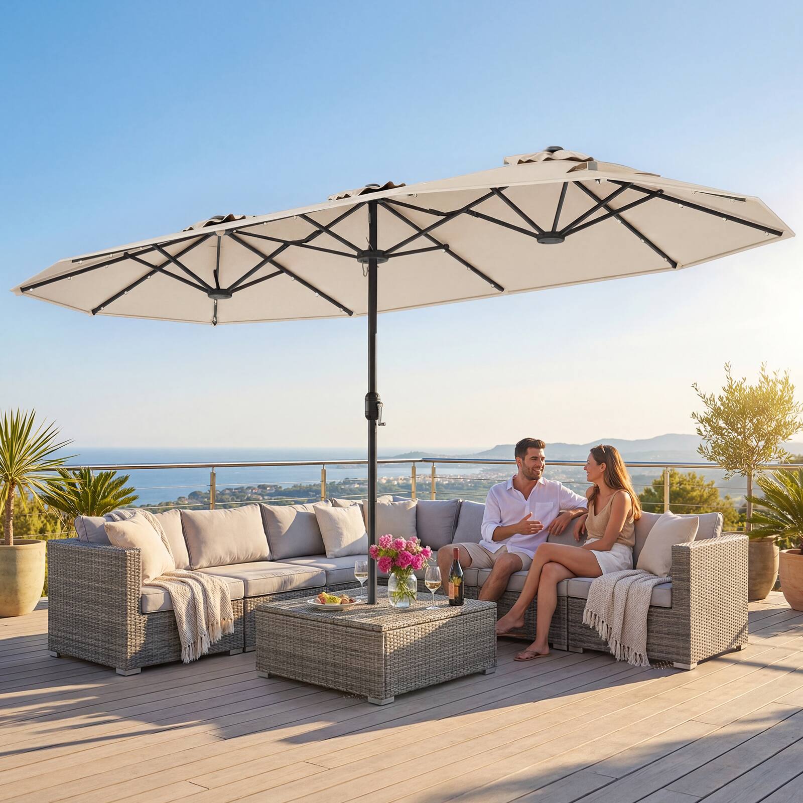 Alt View 3. Costway - Costway 13FT Double-sided Patio Umbrella with Solar Lights Crank Handle Umbrella Base - Beige.