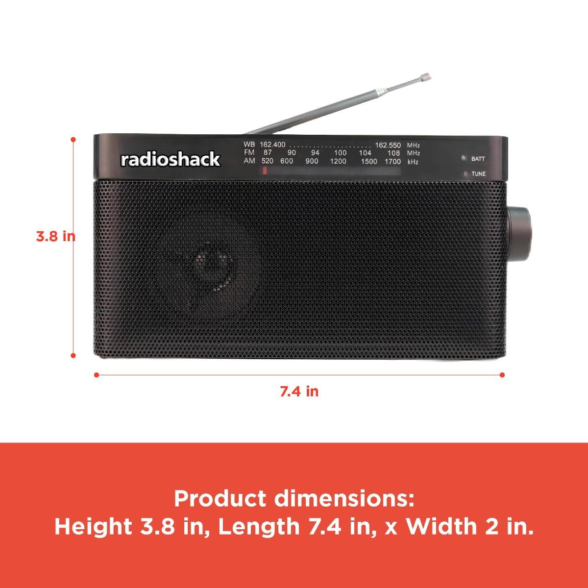 WB 162.400 FM 87 90 AM 520 600 94 900 100 1200 162.550 MHz 104 108 MHz 900 1200 1500 1700 kHz

Product dimensions:
Height 3.8 in, Length 7.4 in, x Width 2 in.