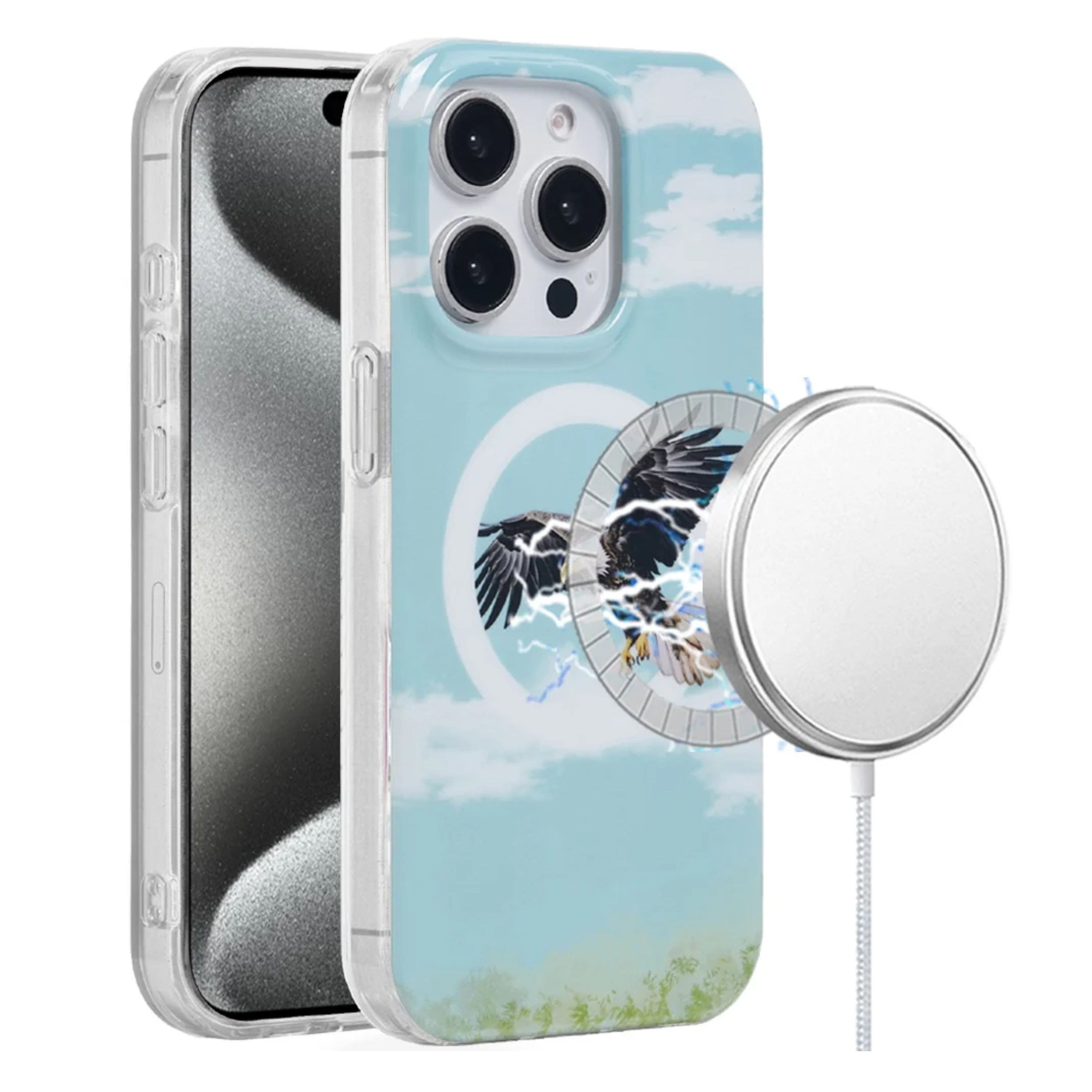 Kitcheniva - Eagle Design Dual Layer TPU Magnetic Circle Phone Case With 2 Pcs Tempered Glass For iPhone 15 Pro Max - Multicolor