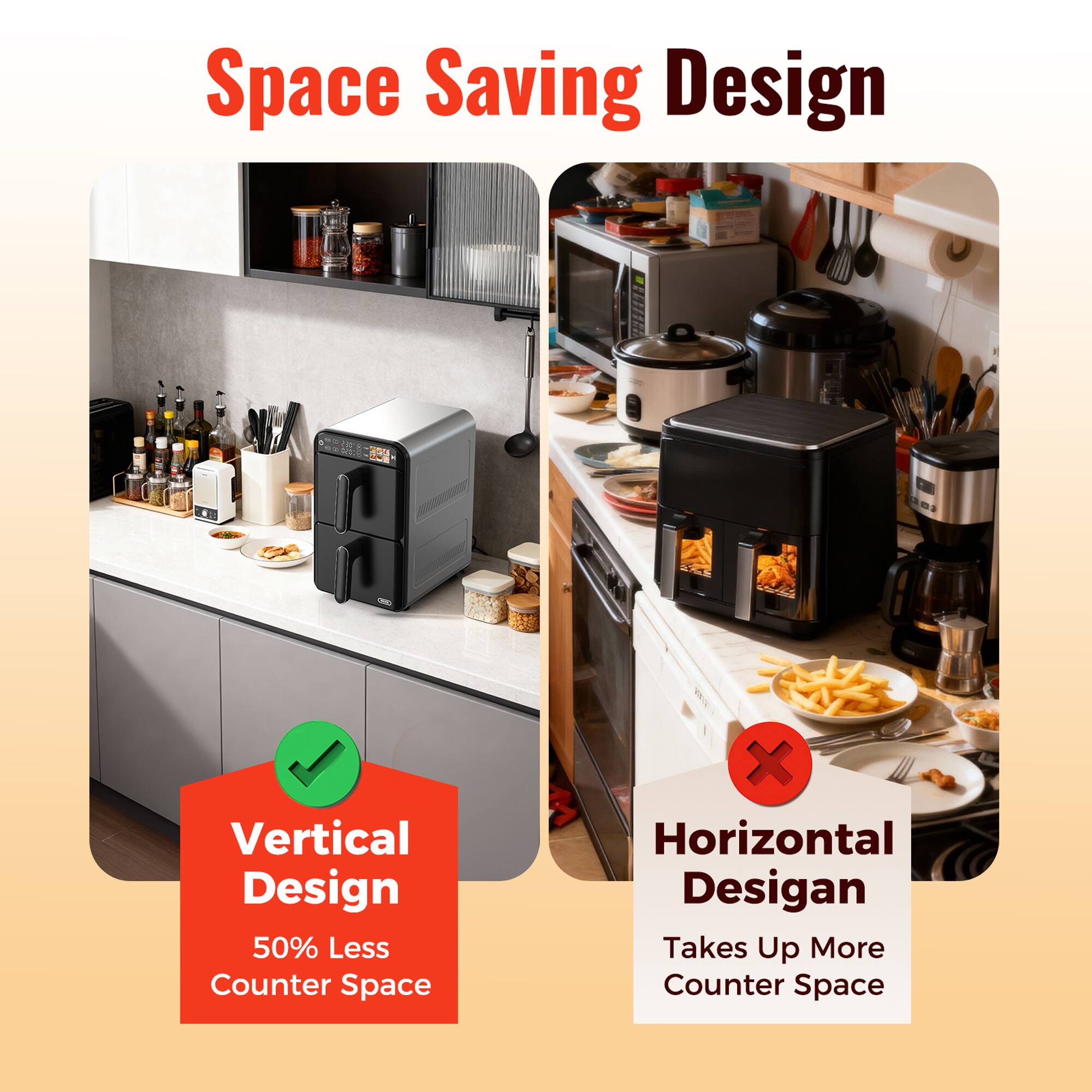 Space Saving Design

Vertical Design  
50% Less Counter Space

Horizontal Design  
Takes Up More Counter Space