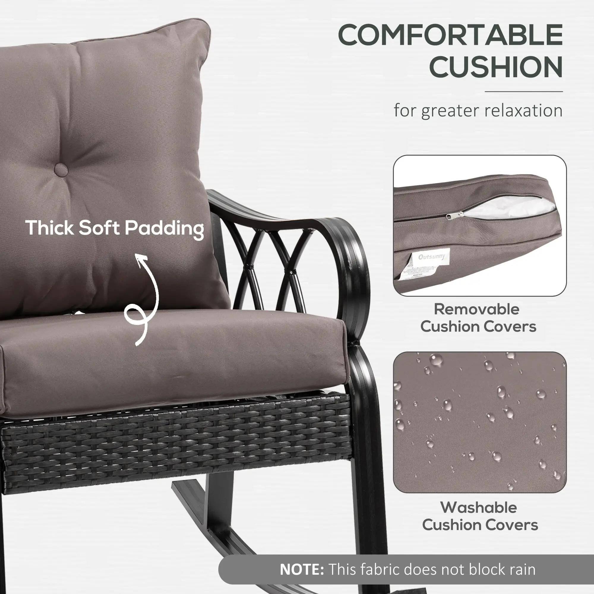 **COMFORTABLE CUSHION**  
for greater relaxation

- Thick Soft Padding
- Removable Cushion Covers
- Washable Cushion Covers

**NOTE:** This fabric does not block rain