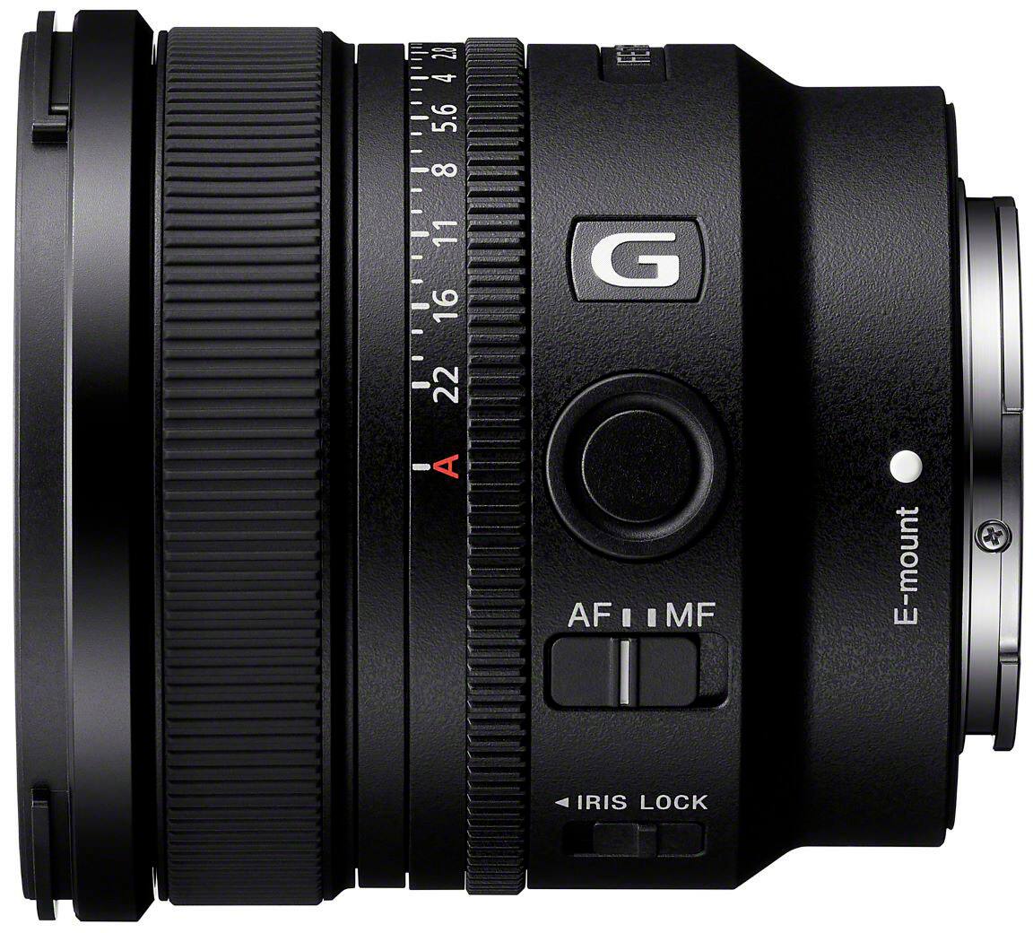 The text on the image reads: "21 4 FL 5.6 8 11 16 G 22 - A AF I I MF E-mount K IRIS LOCK." This text is grouped as follows:

1. "21 4 FL 5.6 8 11 16 G 22 - A AF I I MF E-mount K IRIS LOCK"

The text describes the features of a camera lens, including the focal length, aperture, and other specifications.