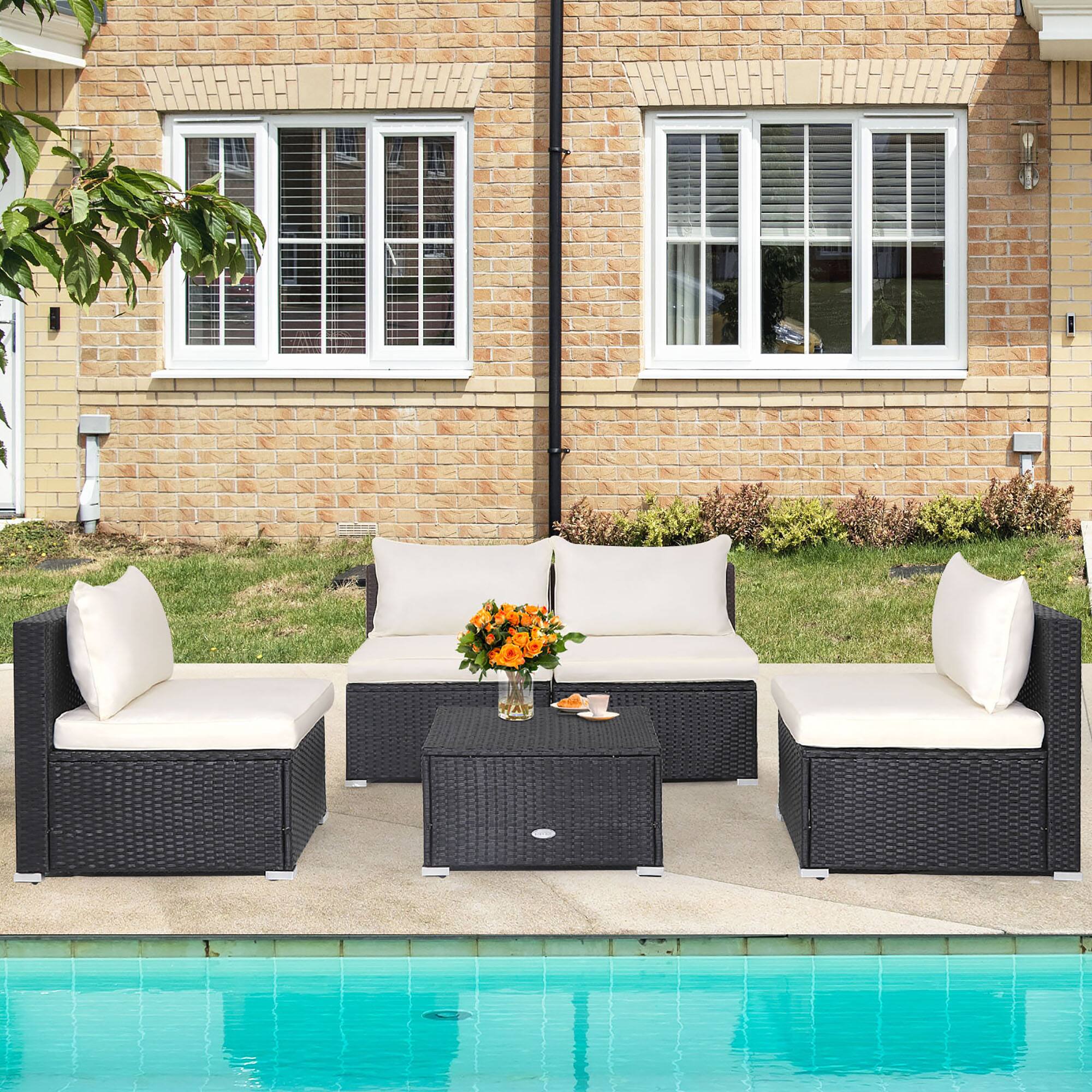 Front. Gymax - Gymax 5PCS Patio Outdoor Rattan Sofa Conversation Set w/ Seat & Back Cushions Off White - Off White.
