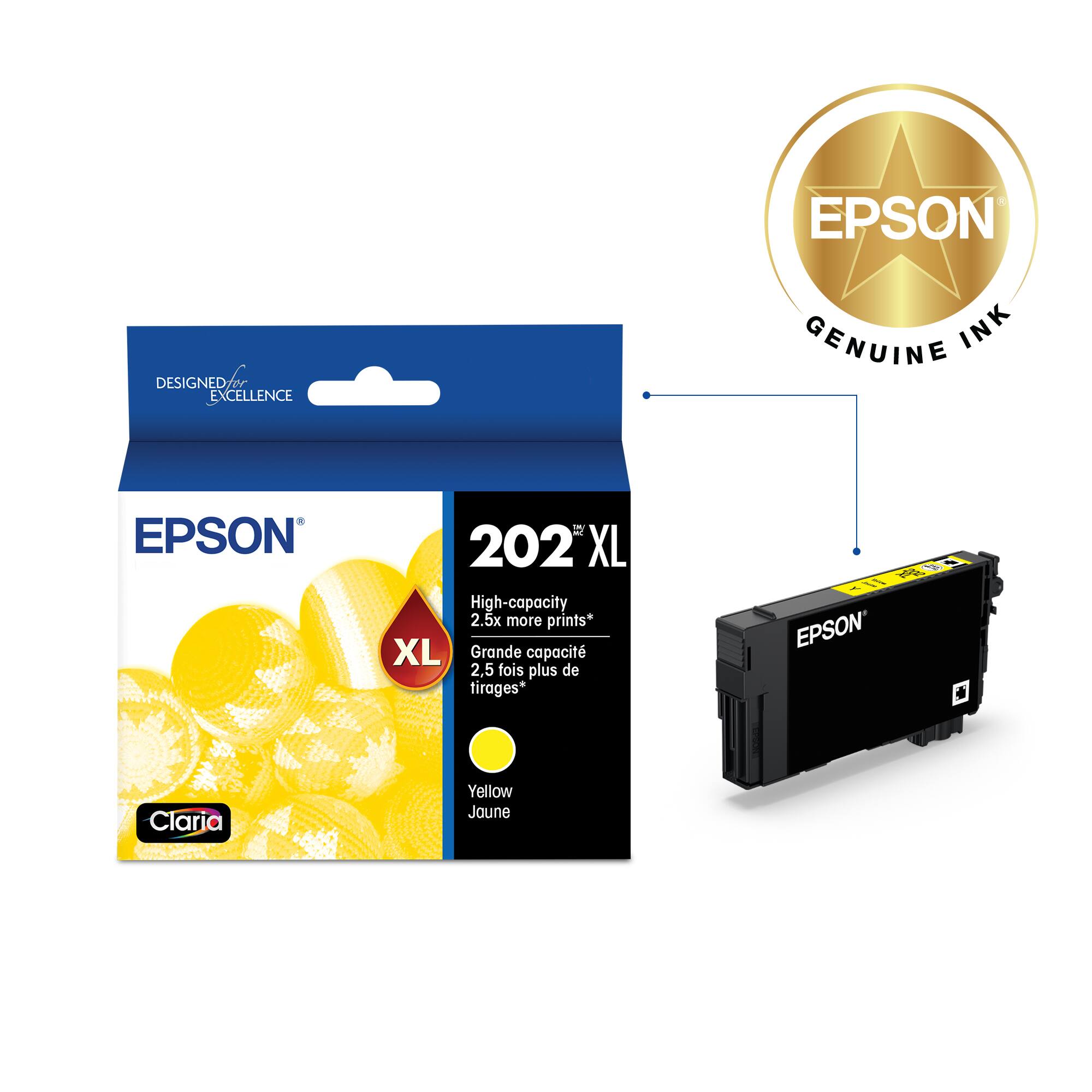 EPSON GENUINE INK - 202 XL High-capacity 2.5x more prints* XL Grande capacit 2,5 fois plus de tirages* EPSON Claria Yellow Jaune