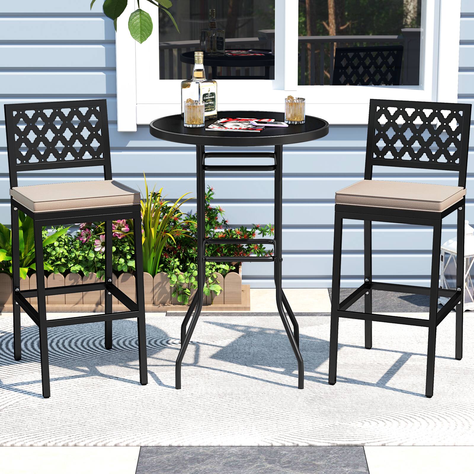 Alt View 4. Gymax - Gymax 4 PCS Outdoor Bar Stools 27’’ Counter Height Barstools w/ Removable Cushions - Black, Beige.