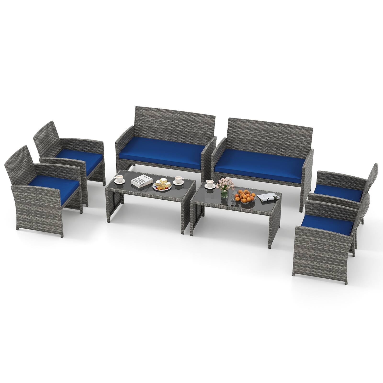 Alt View 1. Gymax - Gymax 8PCS Patio Outdoor Rattan Conversation Furniture Set w/ Navy Cushion - Navy.