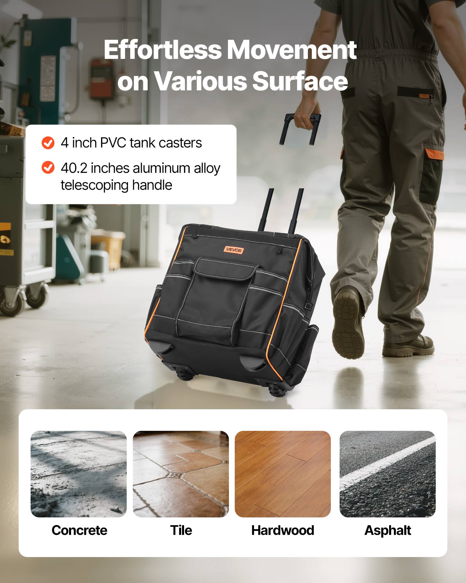 Effortless Movement on Various Surface

- 4 inch PVC tank casters
- 40.2 inches aluminum alloy telescoping handle

Concrete  
Tile  
Hardwood  
Asphalt