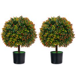 Costway - 22" Artificial Boxwood Topiary Ball Tree 2-Pack Faux Potted Plant w/Orange Fruit - Green,Orange,Black