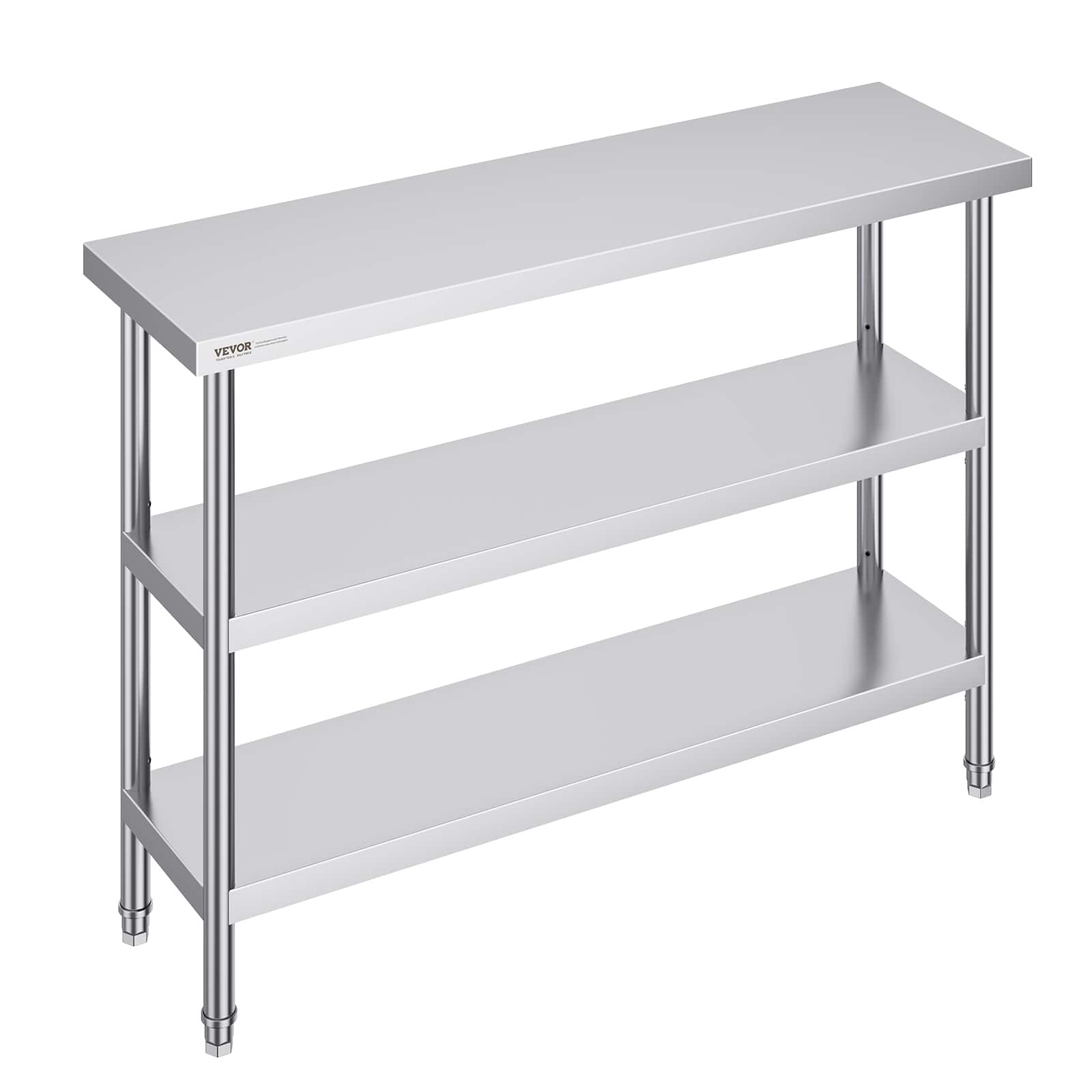 VEVOR - Stainless Steel Food Prep Table, 14 x 48 x 34 Inch Commercial Kitchen Worktable, with 2 Adjustable Undershelf - Silver