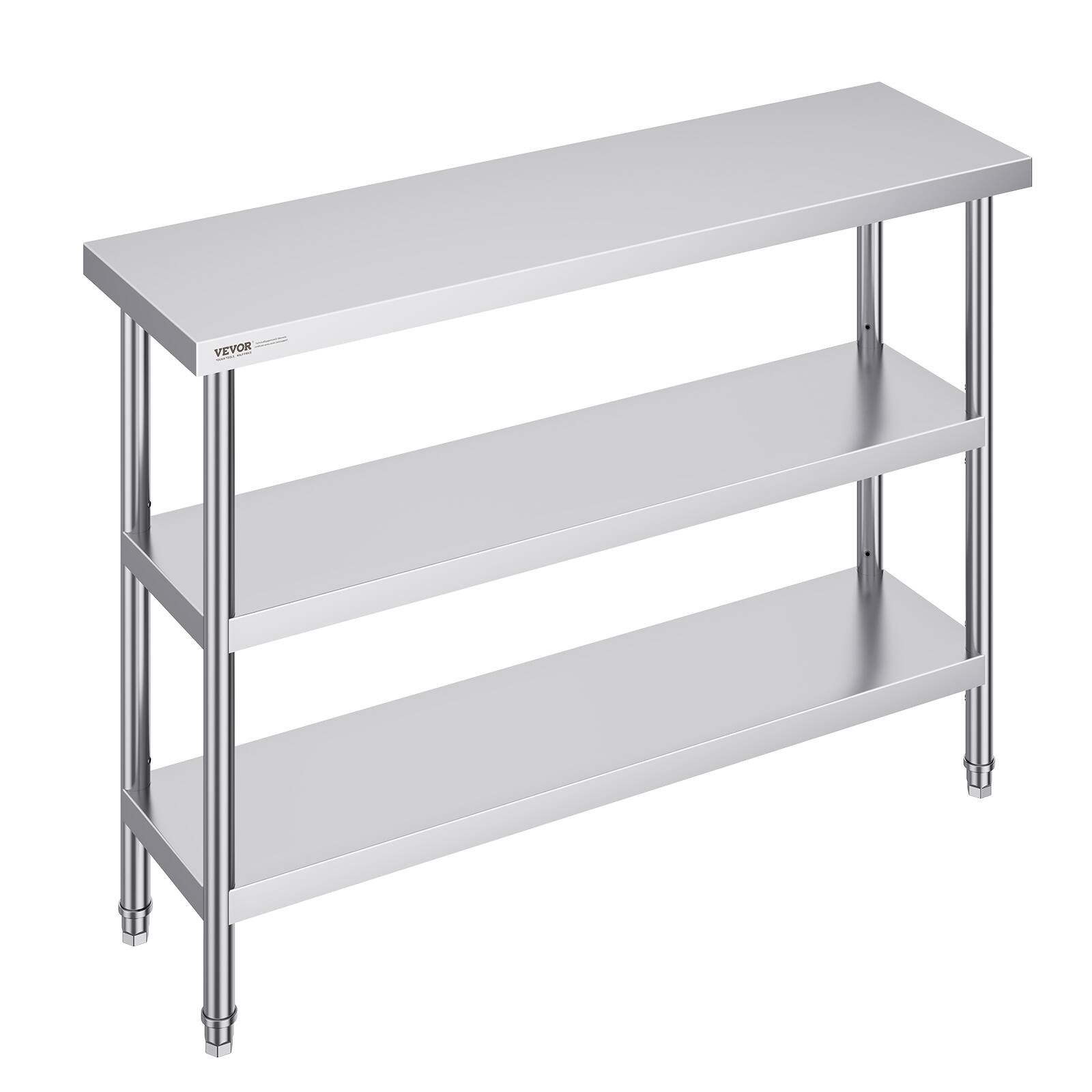 Front. VEVOR - Stainless Steel Food Prep Table, 14 x 48 x 34 Inch Commercial Kitchen Worktable, with 2 Adjustable Undershelf - Silver.