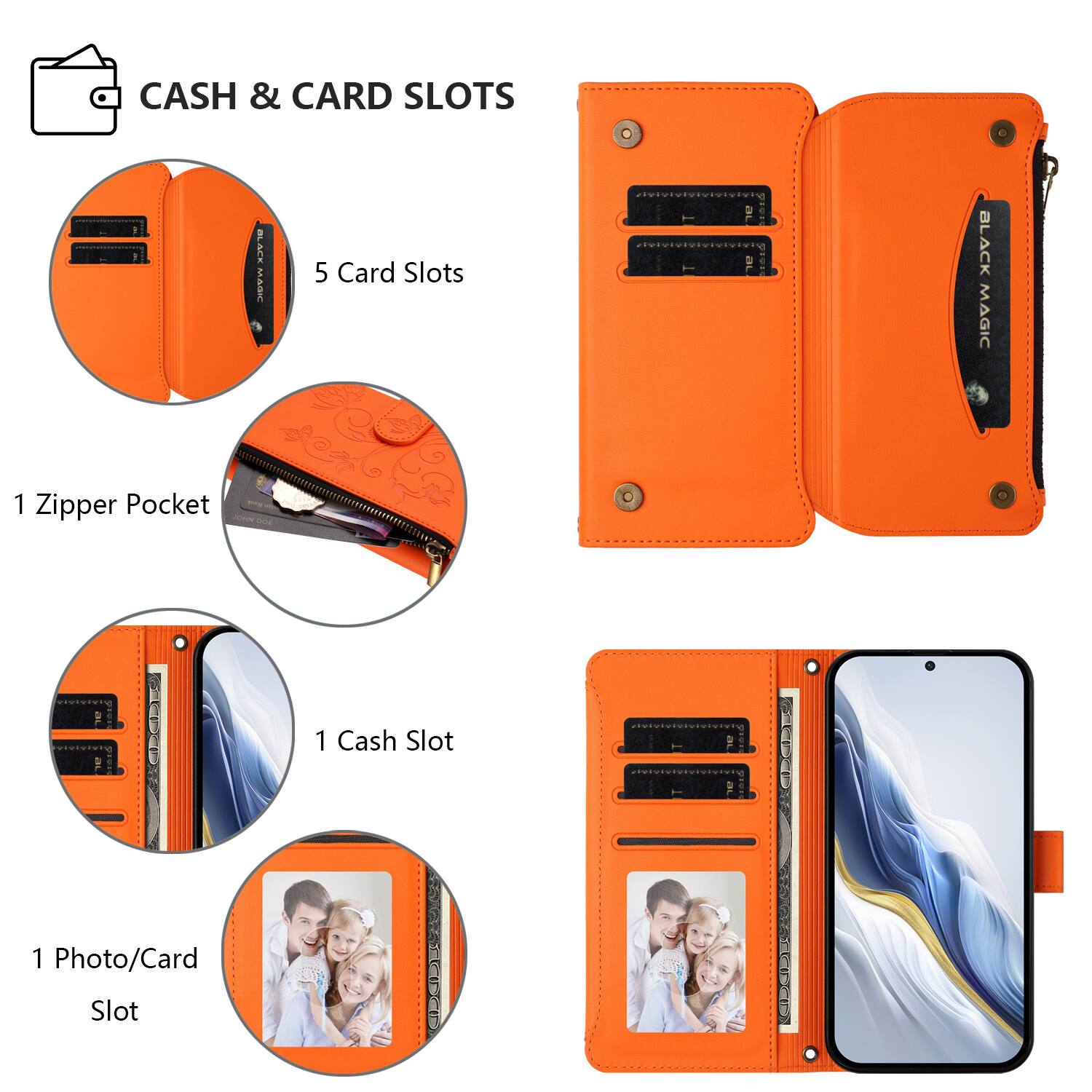 CASH & CARD SLOTS

- 5 Card Slots
- 1 Zipper Pocket
- 1 Cash Slot
- 1 Photo/Card Slot