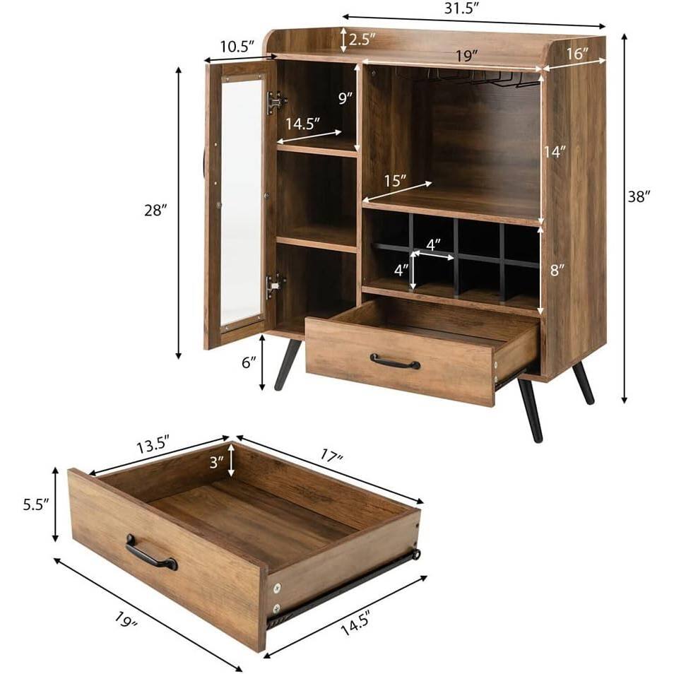 Here is the corrected and grouped text from the image:

- **Overall Dimensions:**
  - Width: 31.5"
  - Height: 38"
  - Depth: 16"

- **Top Shelf:**
  - Width: 19"
  - Depth: 16"
  - Height: 2.5"

- **Mirror:**
  - Height: 28"
  - Width: 10.5"

- **Shelf 1:**
  - Height: 9"
  - Depth: 14.5"

- **Shelf 2:**
  - Height: 15"
  - Depth: 14"

- **Shelf 3:**
  - Height: 8"
  - Depth: 4"

- **Shelf 4:**
  - Height: 6"
  - Depth: 4"

- **Drawer:**
  - Width: 17"
  - Depth: 14.5"
  - Height: 3"
  - Inside Width: 13.5"
  - Inside Depth: 14.5"
  - Inside Height: 5.5"

- **Additional Dimensions