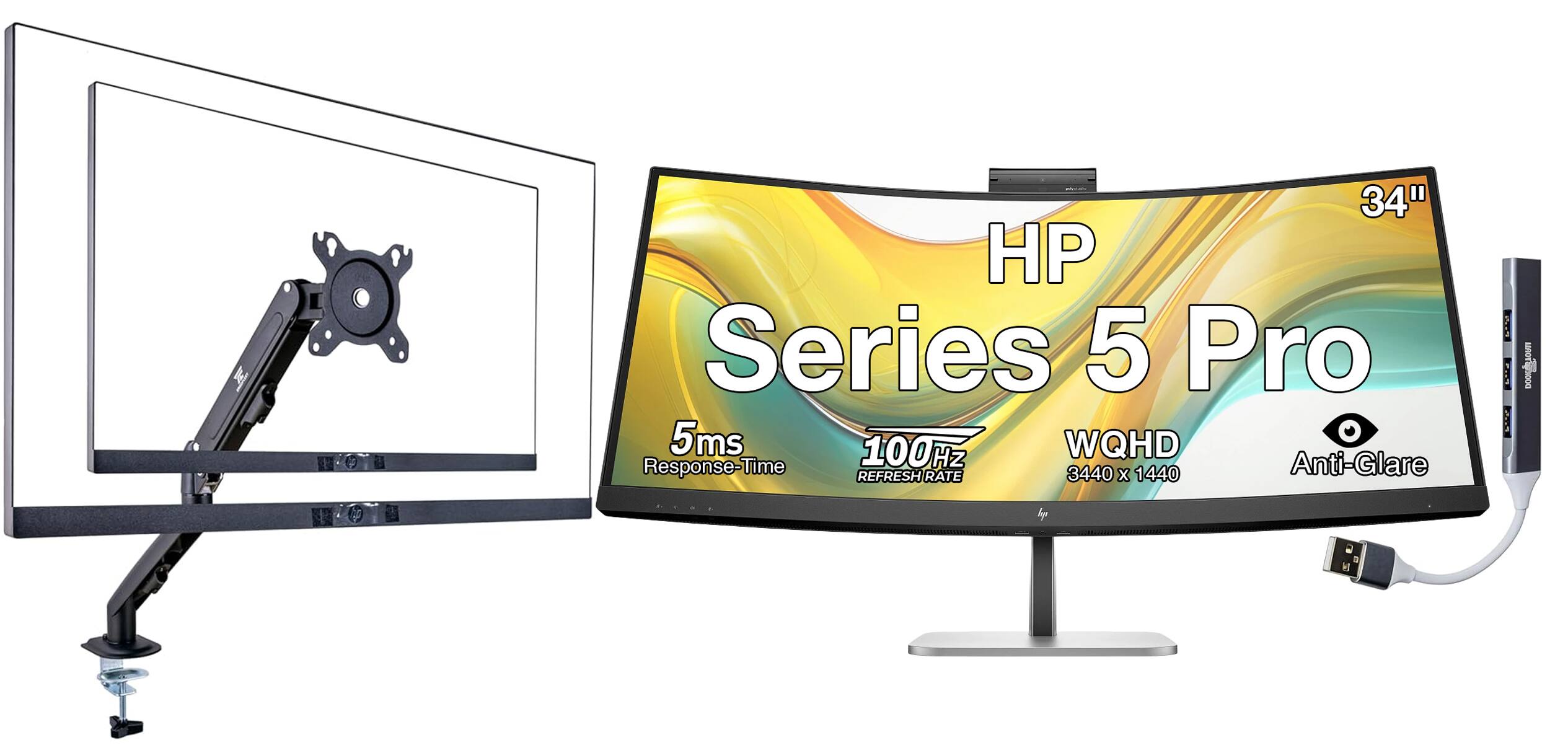 HP - Series 5 Pro 534pm 34" WQHD VA Monitor, Displayport, HDMI (9E0Z2UT#ABA) 2 Pack w/DKZ Hub & ErgoFlexy Dual Mount Arms - Black/Silver