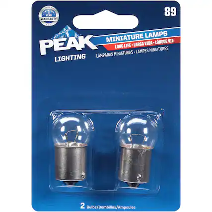PEAK LIGHTING
MINIATURE LAMPS
LONG LIFE - LARGA VIDA - LONGUE VIE
LAMPARAS MINIATURAS - LAMPES MINIATURES
1 YEAR WARRANTY
2 Bulbs/Bombillas/Ampoules