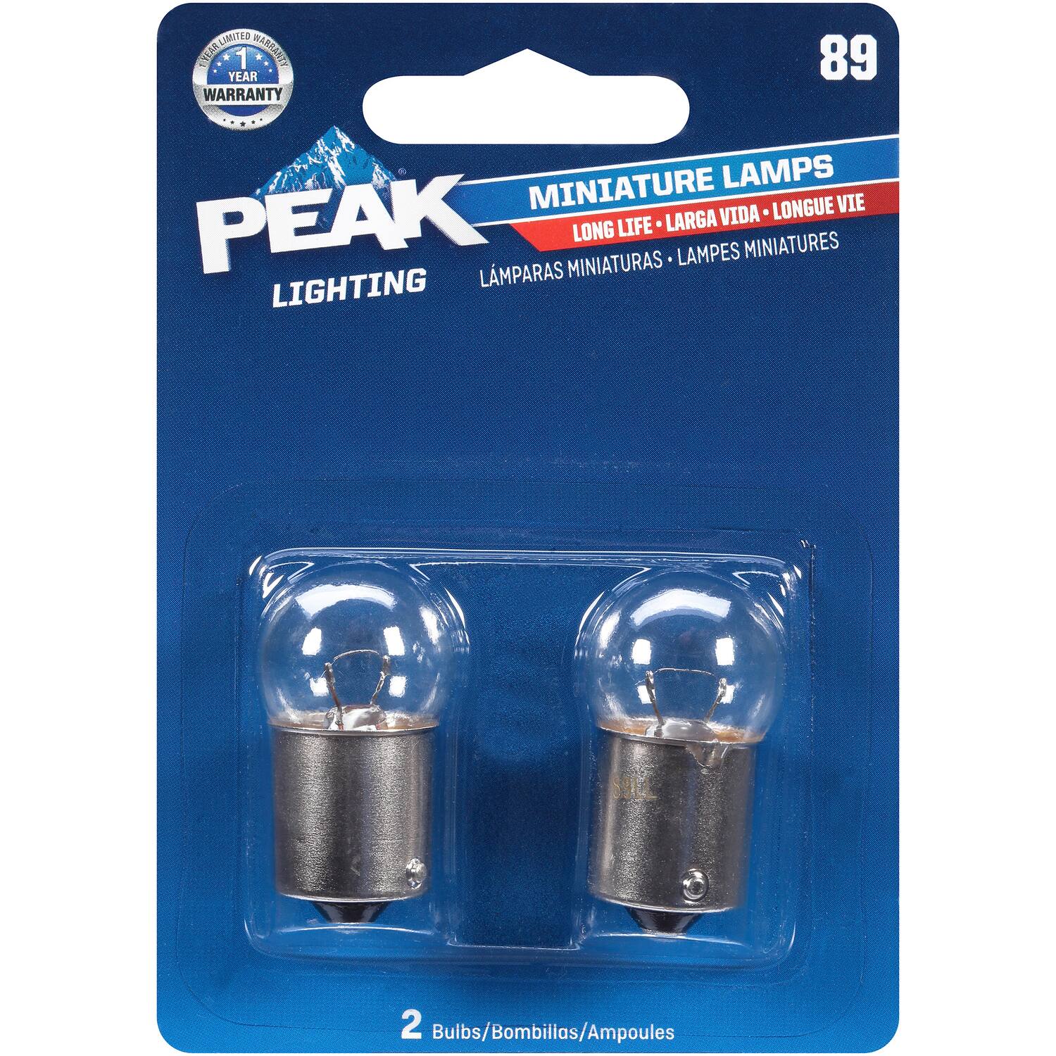 PEAK LIGHTING  
MINIATURE LAMPS  
LONG LIFE - LARGA VIDA - LONGUE VIE  
LAMPARAS MINIATURAS - LAMPES MINIATURES  

1 YEAR WARRANTY  

2 Bulbs/Bombillas/Ampoules