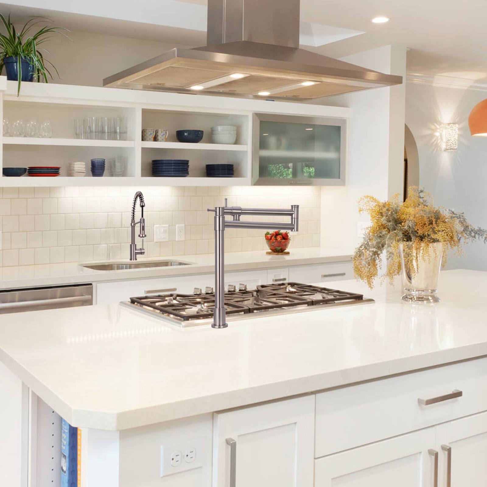 Alt View 3. Akicon - Akicon Solid Brass Deck-Mounted Pot Filler Kitchen Faucet with Double Joint Swing Arms in Brushed Nickel - Brushed Nickel.