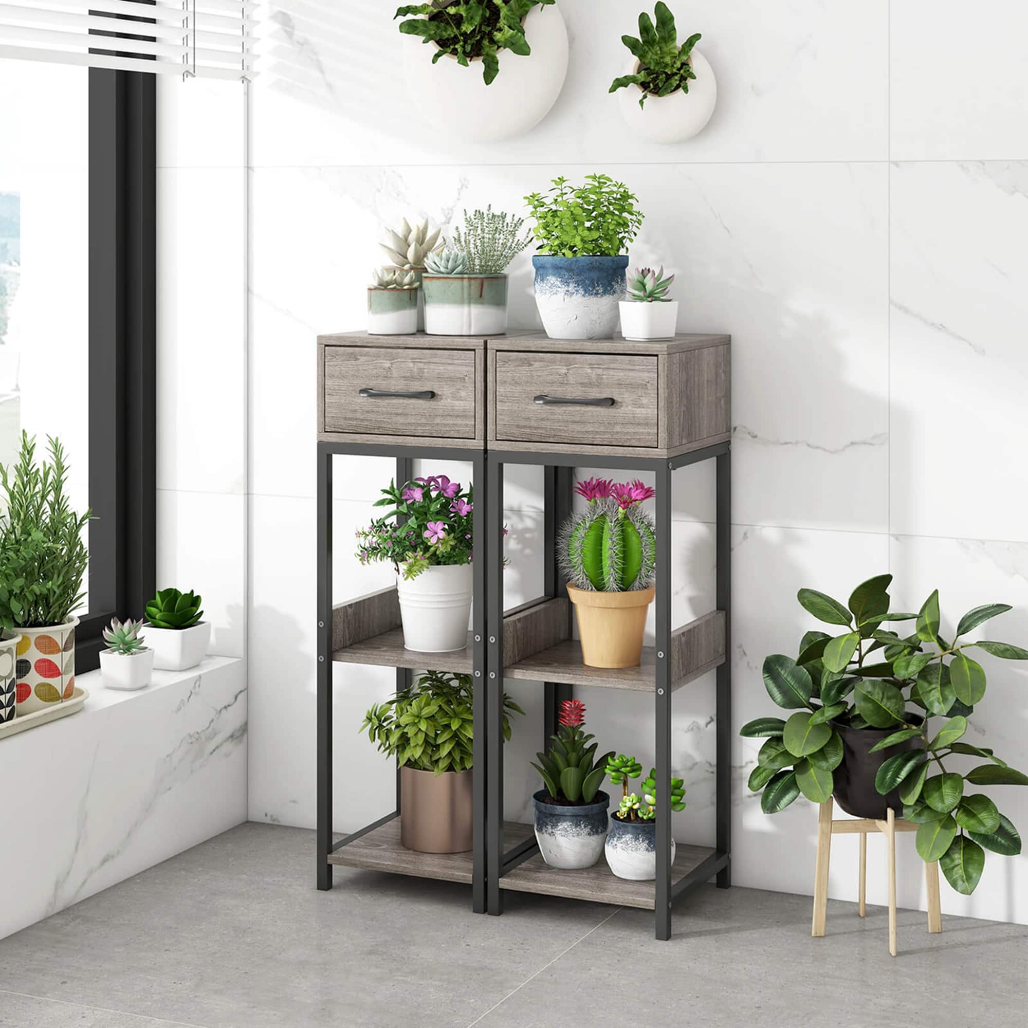 Costway 1 Pack 3 Tier Indoor Tall Plant Stand with Drawer Anti