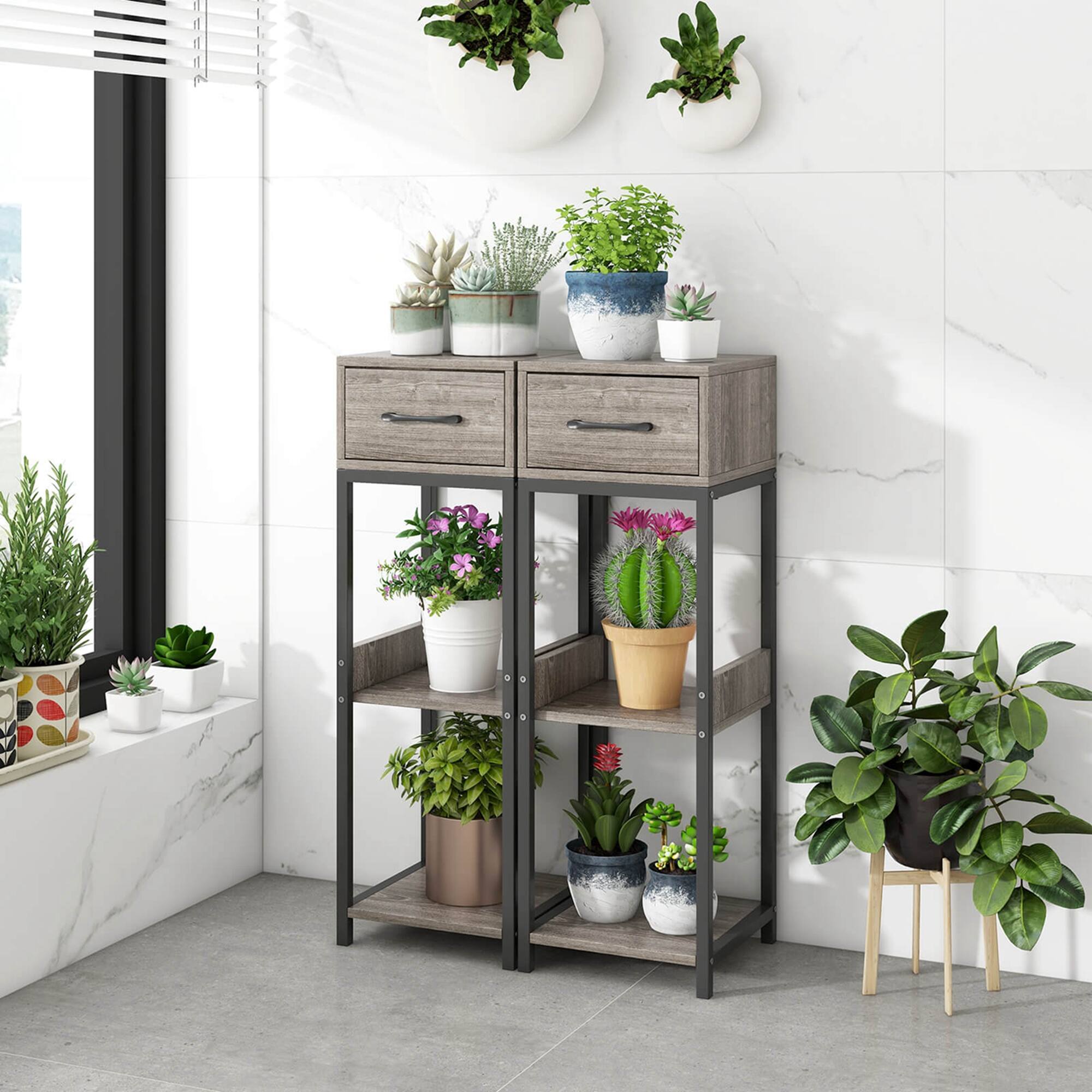 Alt View 3. Costway - 2 Pack 3 Tier Indoor Tall Plant Stand with Drawer Anti-tipping Devices Display Shelf - Grey.