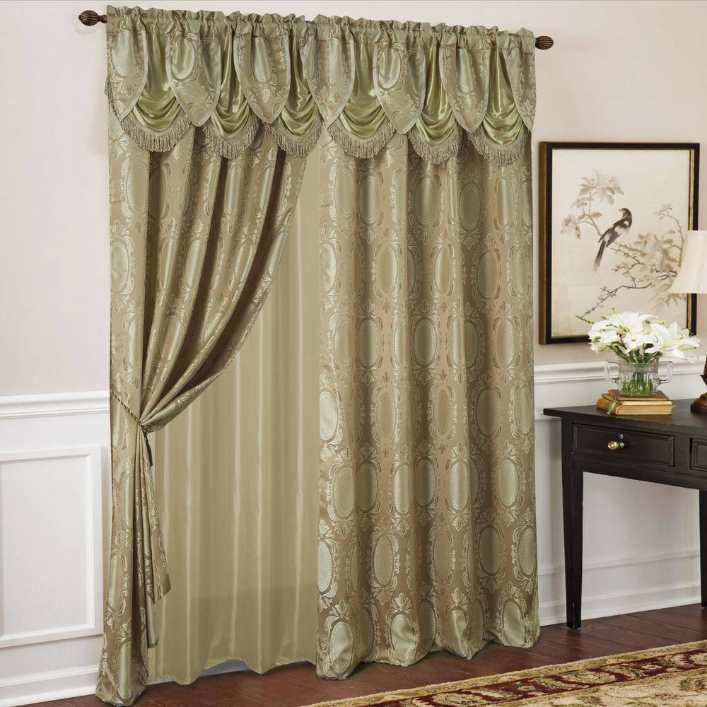 Front. Olivia Gray - Olivia Gray Kenyon Damask Textured Jacquard Single Rod Pocket Curtain Panel Valance in 54 x 84 Taupe - Taupe.