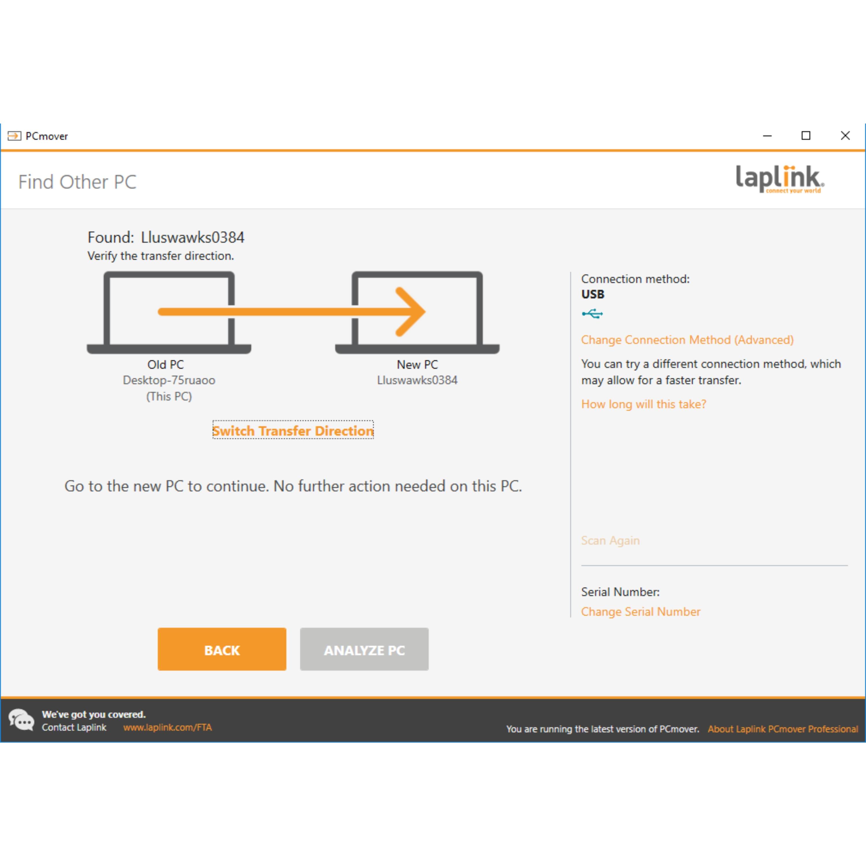 Laplink PCmover Professional is a software tool that helps users transfer files, settings, and programs from one computer to another. The image shows a screen with a message that says "Find Other PC" and "laplink.ink." The user is prompted to verify the transfer direction and connection method, which can be changed to a different method for a faster transfer. The user can also switch the transfer direction or change the serial number. The software is designed to make the process of transferring data between computers as easy and efficient as possible.