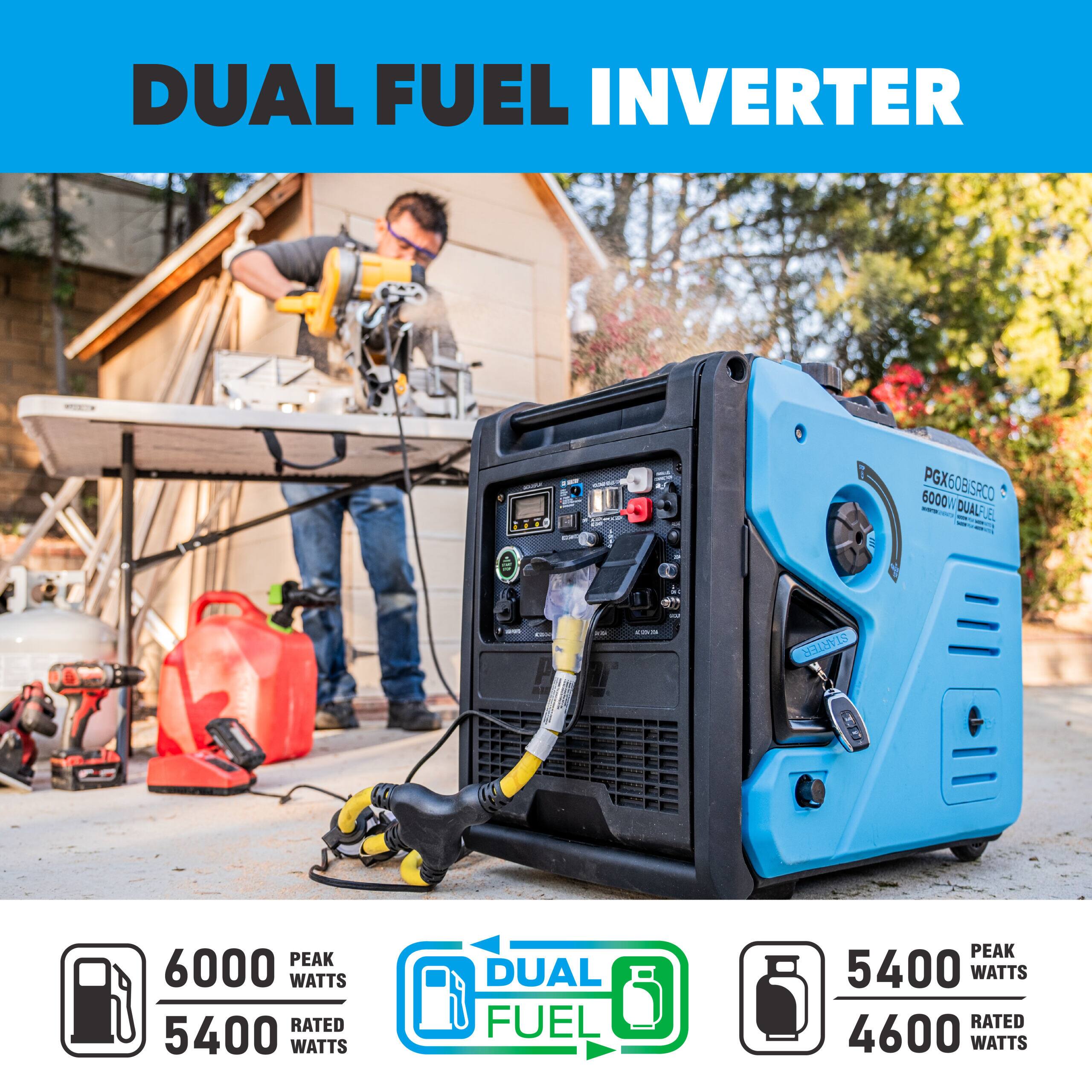 DUAL FUEL INVERTER

PGX60BISACO 6000W DUAL FUEL

6000 PEAK WATTS
5400 RATED WATTS

DUAL FUEL

5400 PEAK WATTS
4600 RATED WATTS