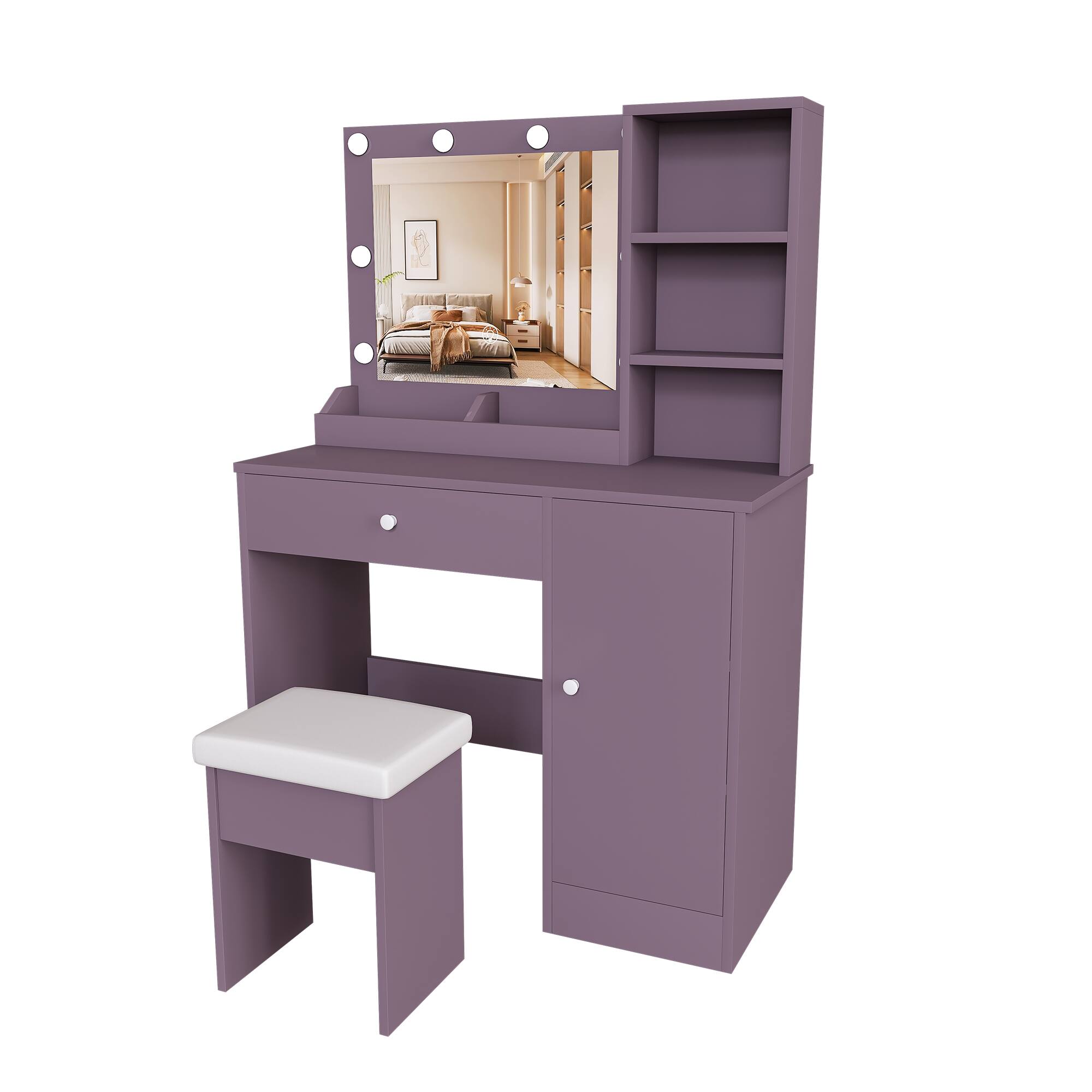 Alt View 4. Z-Edge - Vanity Desk Set with Padded Stool & Adjustable Lighted Mirror (Round Bulbs, 3 Color Modes), Dressing Table for Bedroom - Purple.