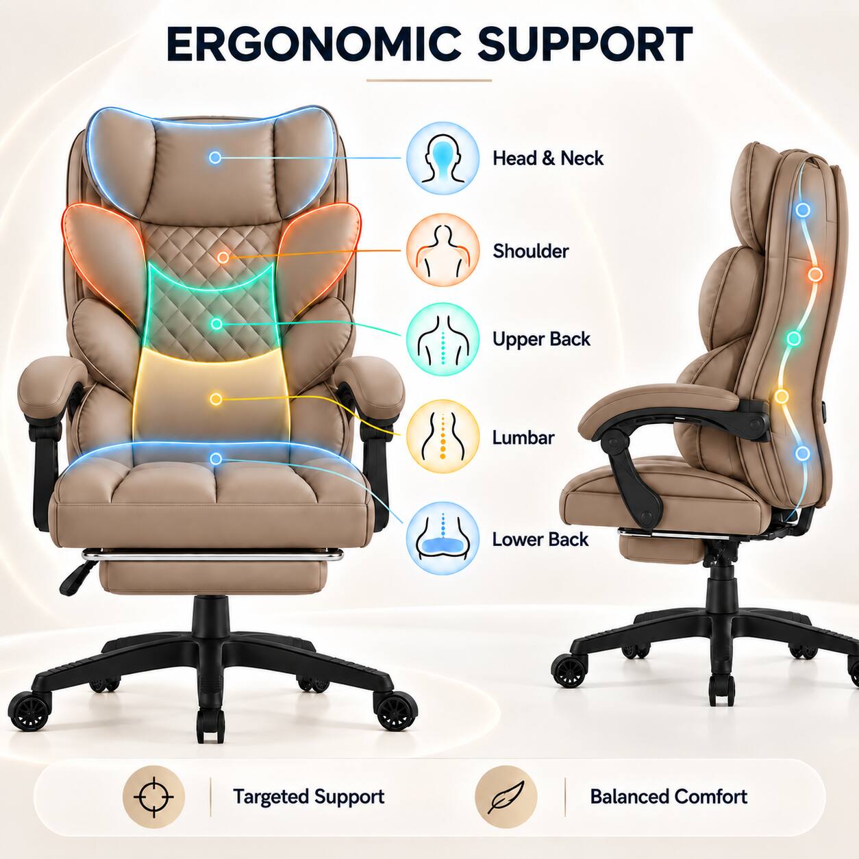 ERGONOMIC SUPPORT

Head & Neck
Shoulder
Upper Back
Lumbar
Lower Back

Targeted Support
Balanced Comfort
