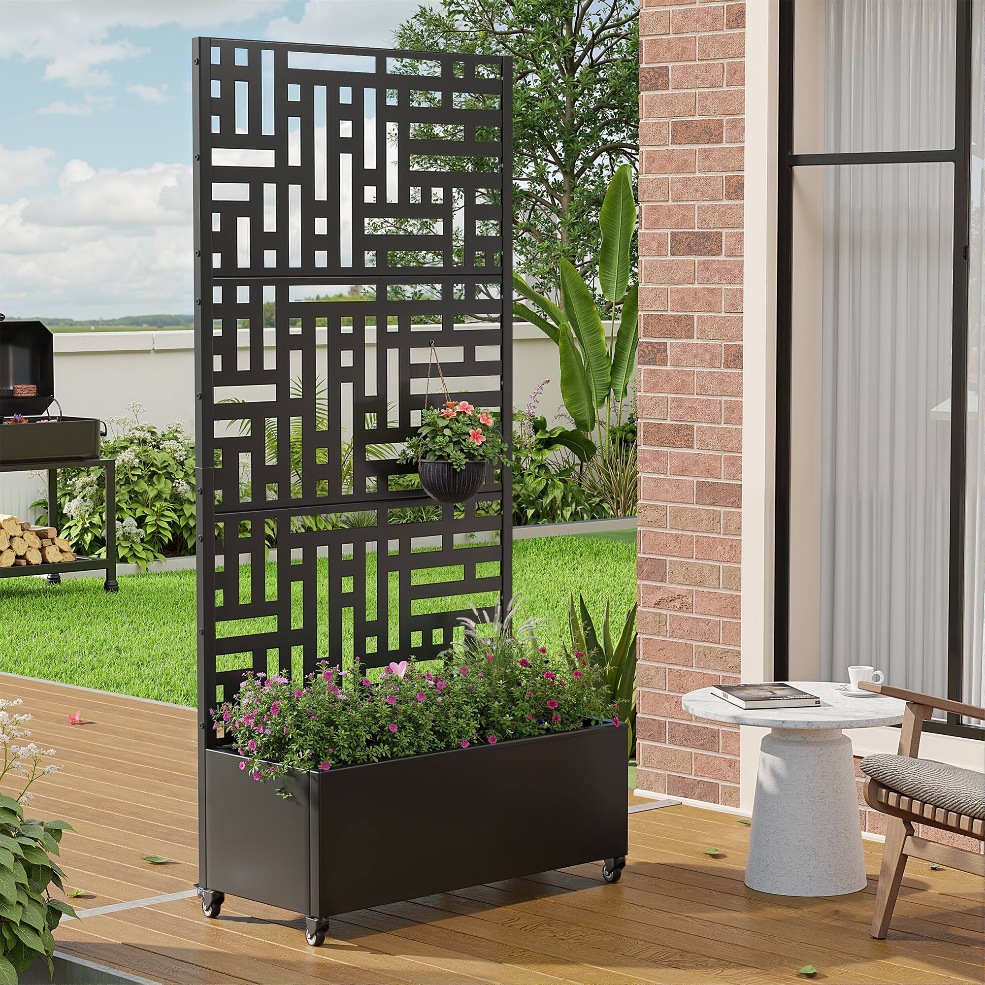 Alt View 1. PexFix - 72 in. H x 35 in. W Street Pattern Rectangle Metal Planter Box Raised Garden Beds with Trellis-Ideal for Balcony - Black.