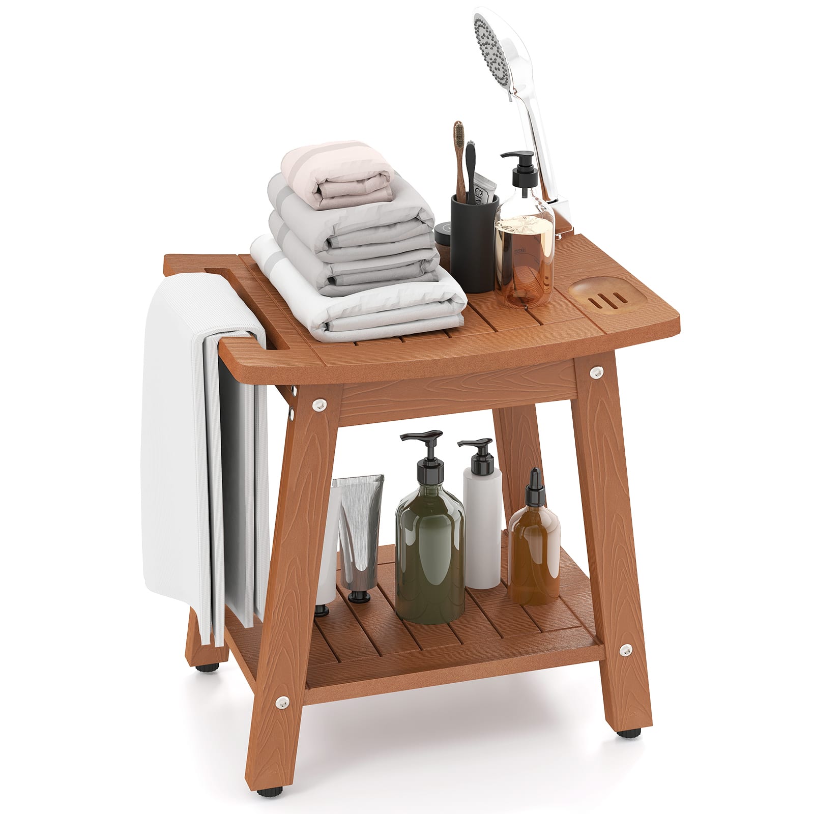 Gymax - Shower Bench Seat HIPS Shower Stool w/Handle Shower Head & Soap Holder - Brown