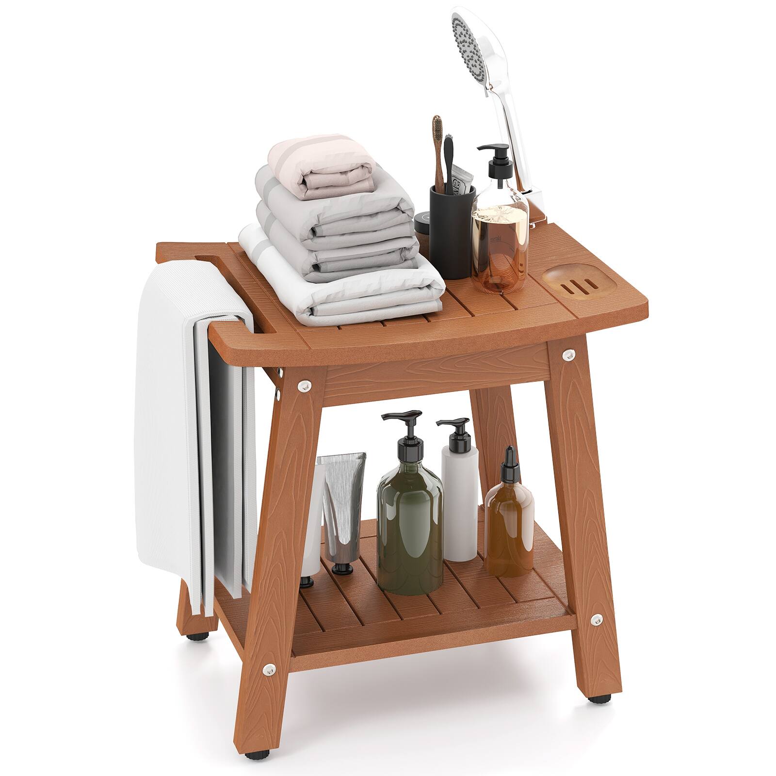 Back. SlickBlue - Bathroom Shower Bench with Handle and Convenient Shower Head Slot - Brown.