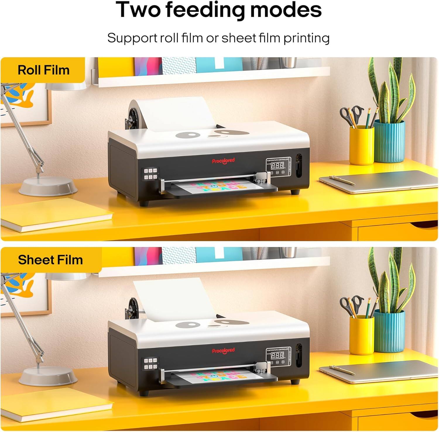 Two feeding modes  
Support roll film or sheet film printing  

Roll Film  
Procolor 88B  

Sheet Film  
Procolor 10 BAB
