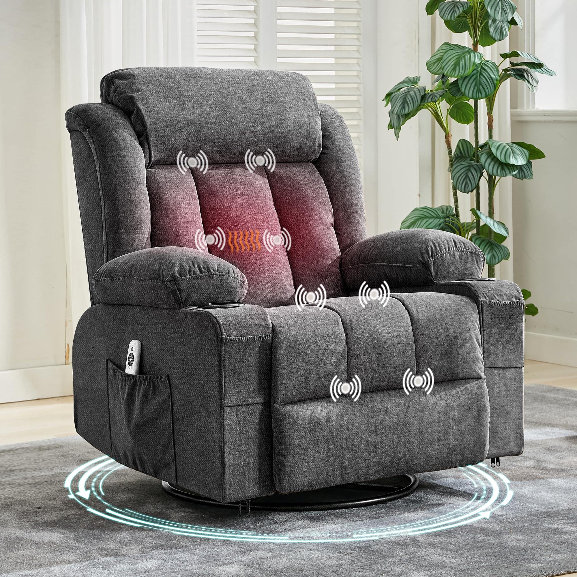 Front. Babevy - 37.4" Oversized Manual Recliner with Heat and Massage, Swivel Recliner Chair with  USB Ports Cup Holders, - Grey.