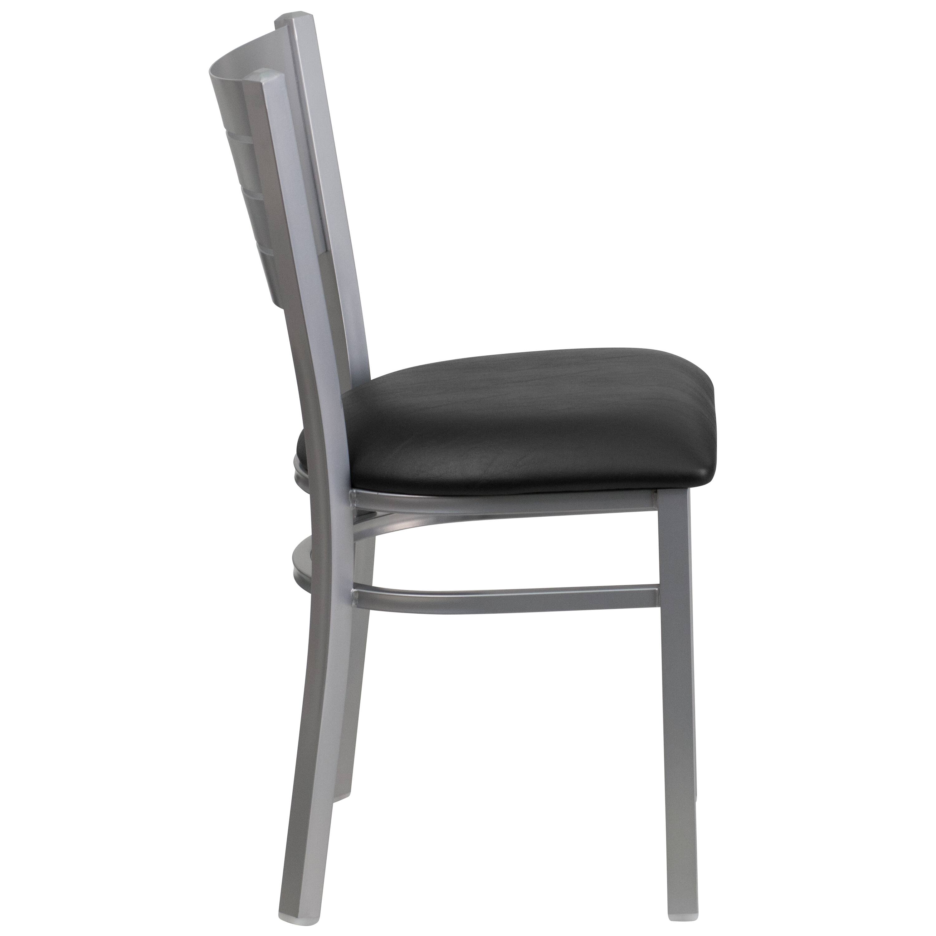 Alt View 5. Emma + Oliver - 2 Pack Silver Slat Back Metal Restaurant Chair - Black Vinyl Seat/Silver Frame.