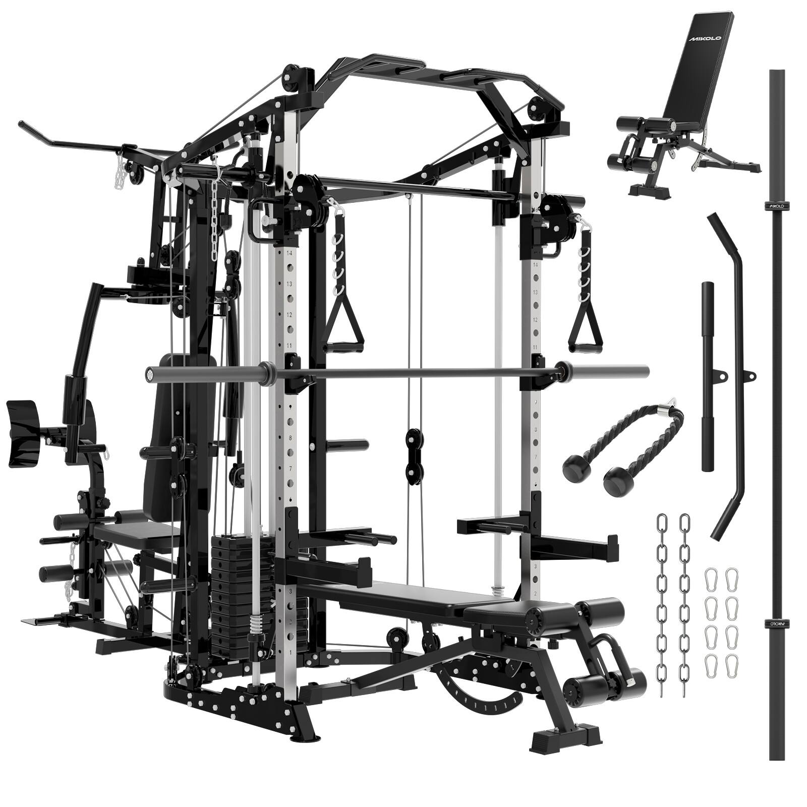 Front. Mikolo - Mikolo Smith Machine Power Cage, Multi-Function Home Gym System with Cable Crossover, 121LB Weight Stack - Black.