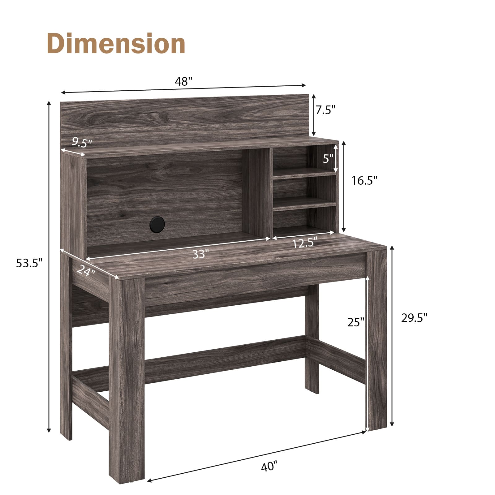 Dimension: 48" x 7.5" x 9.5" x 5" x 16.5" x 53.5" x 24" x 33" x 12.5" x 25" x 29.5" x 40".