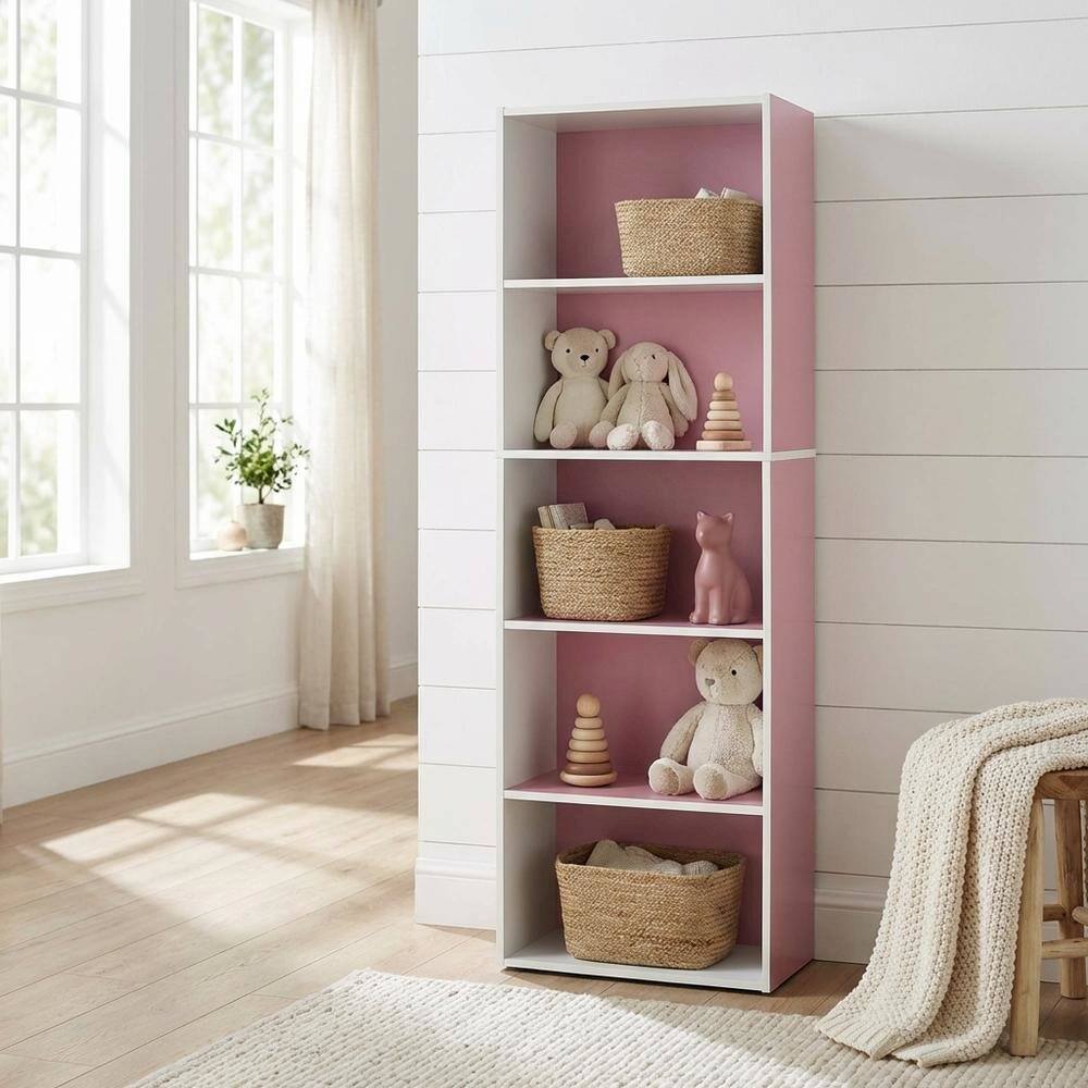 Angle. FurniFact - White and Pink Reversible Open Shelf Bookcase - Brown.