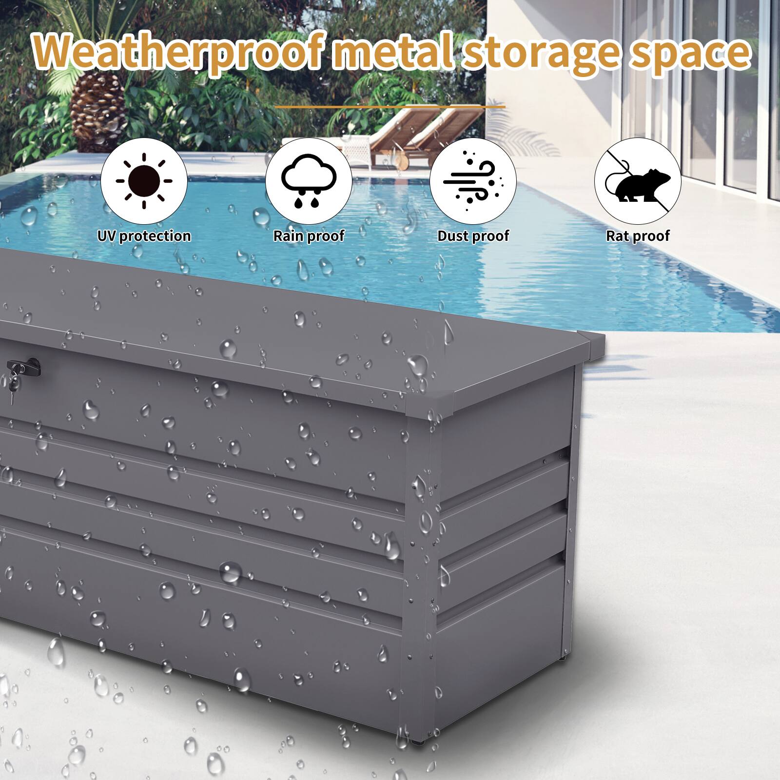 Weatherproof metal storage space

- UV protection
- Rain proof
- Dust proof
- Rat proof