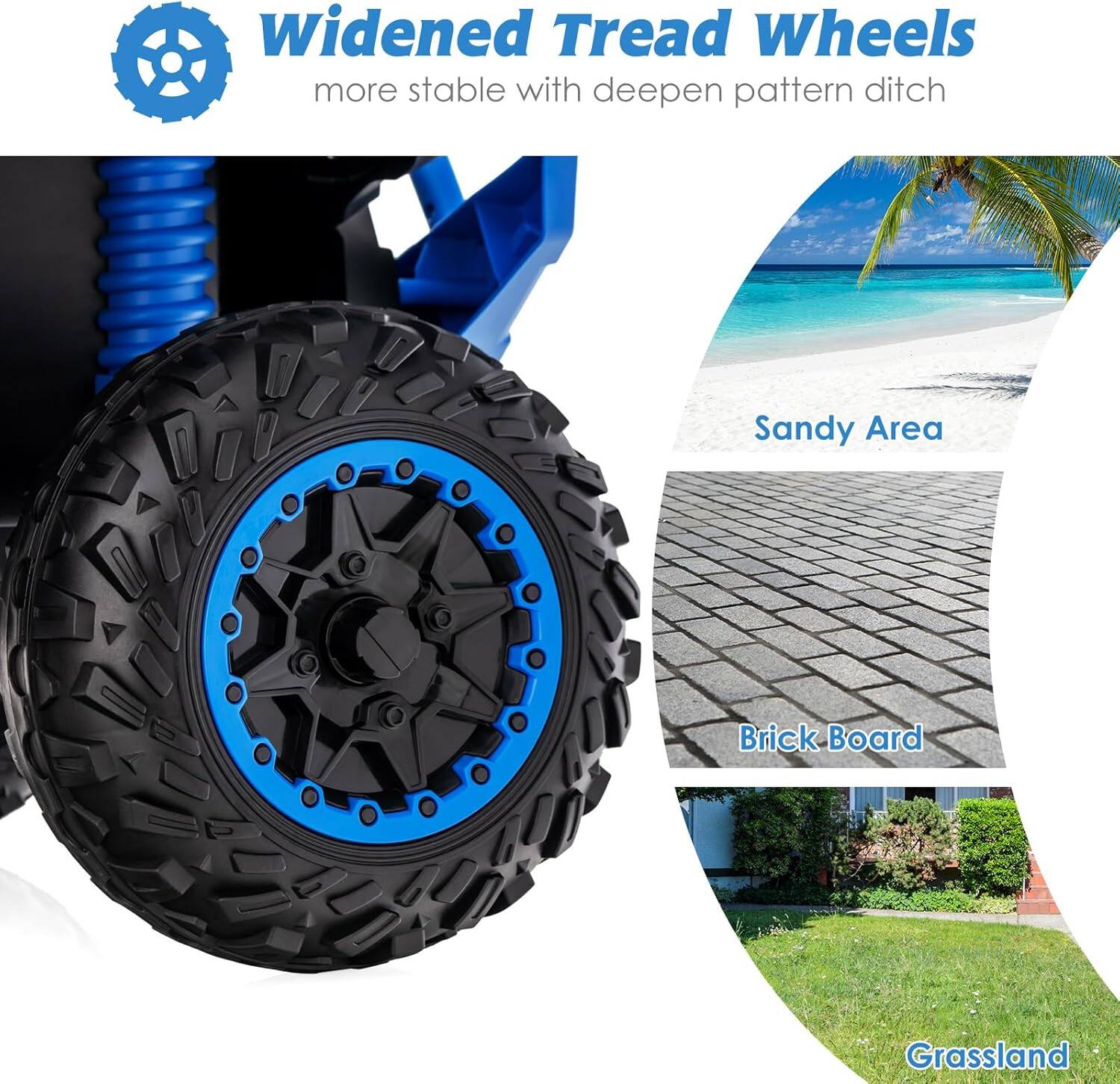 Widened Tread Wheels  
more stable with deepen pattern ditch  

Sandy Area  
Brick Board  
Grassland