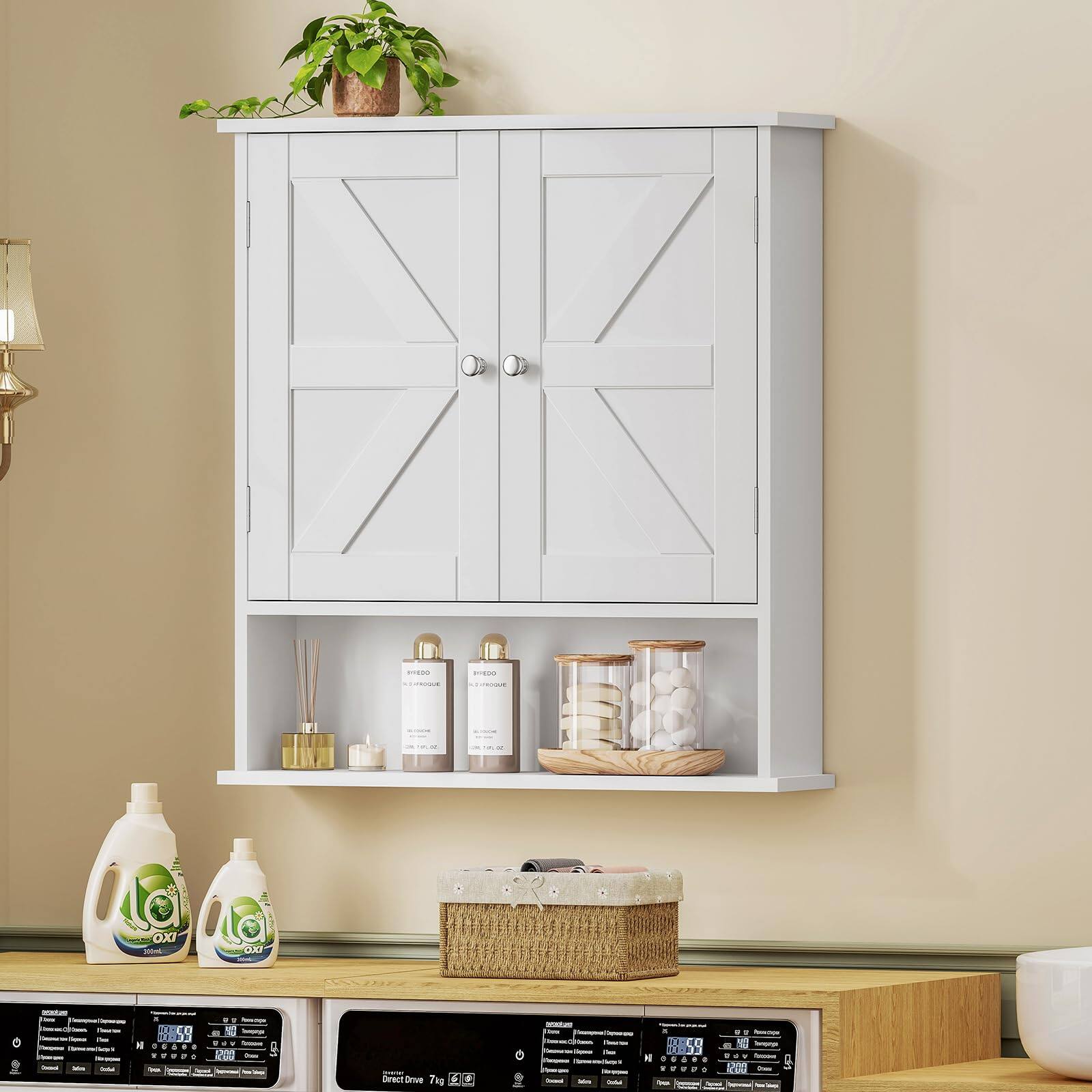 Sure, here is the corrected and grouped text:

---

**Top Shelf:**
- (Plant pot with green plant)

**Middle Shelf:**
- FREDO
  - EAU DE TOILETTE
  - 100 ml
- (Candles and reed diffuser)

**Bottom Shelf:**
- (Jars with white balls)

**Below the Cabinet:**
- (Washing detergent bottles labeled "Oxi")

**Oven Display:**
- Direct Drive 7g
- (Various settings and options on the oven display)

---

This text is based on the visible items and labels in the image.