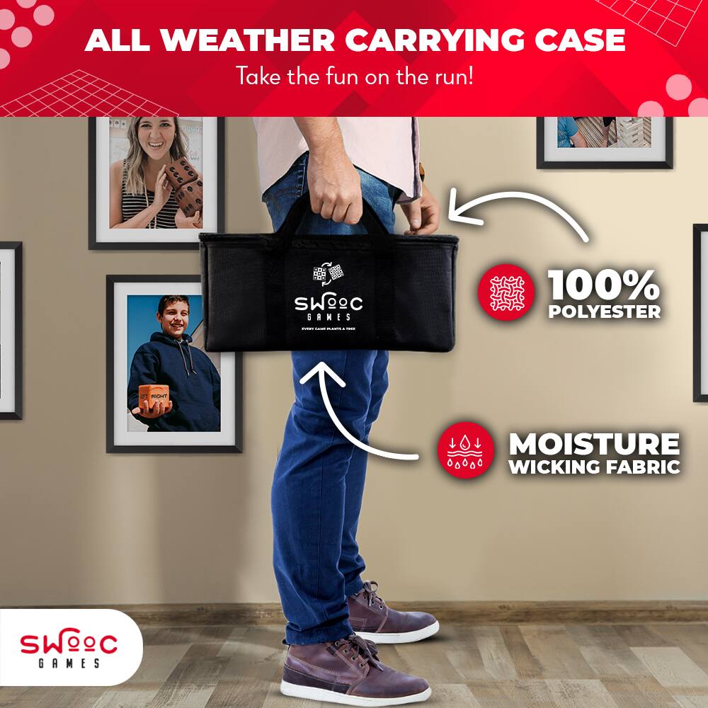 ALL WEATHER CARRYING CASE  
Take the fun on the run!  

100% POLYESTER  
MOISTURE WICKING FABRIC  

SWOOC GAMES